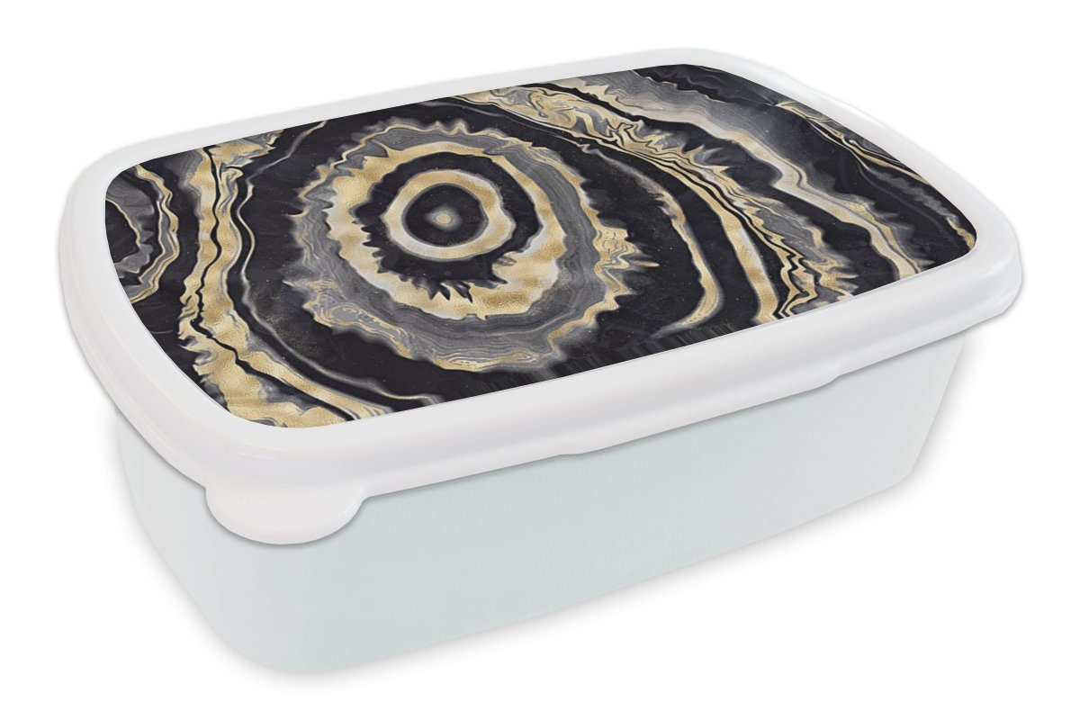 MuchoWow Lunchbox Achat - Gold - Geodestin - Marmor, Kunststoff, (2-tlg), Brotbox für Kinder und Erwachsene, Brotdose, für Jungs und Mädchen weiß