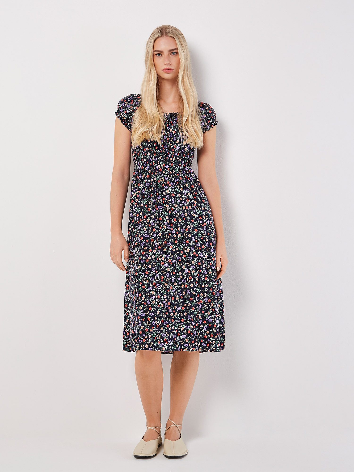 Apricot Midikleid Florales Midikleid mit gesmokter Taille