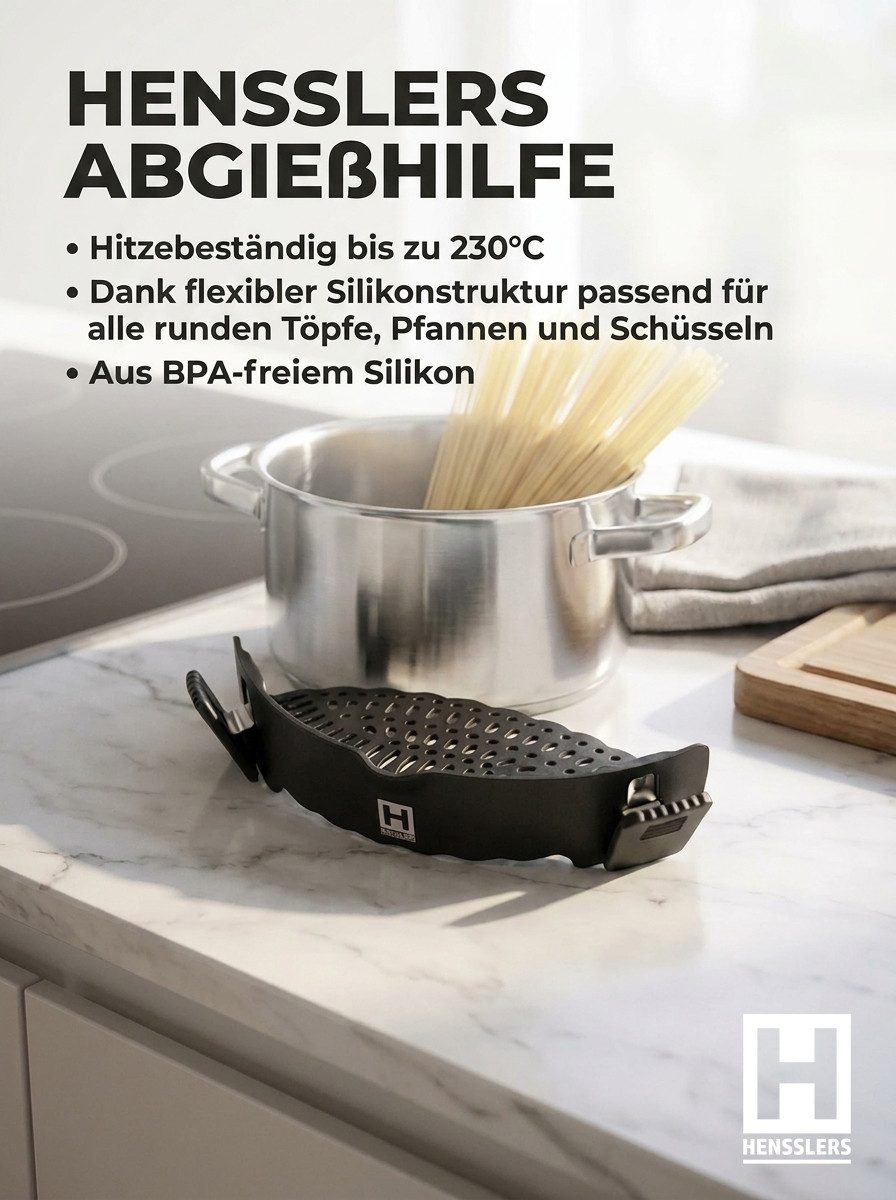 HENSSLERS Küchensieb Premium, Abgießhilfe, Edelstahl, (1-St), passend für alle runden Töpfe, Pfannen und Schüsseln