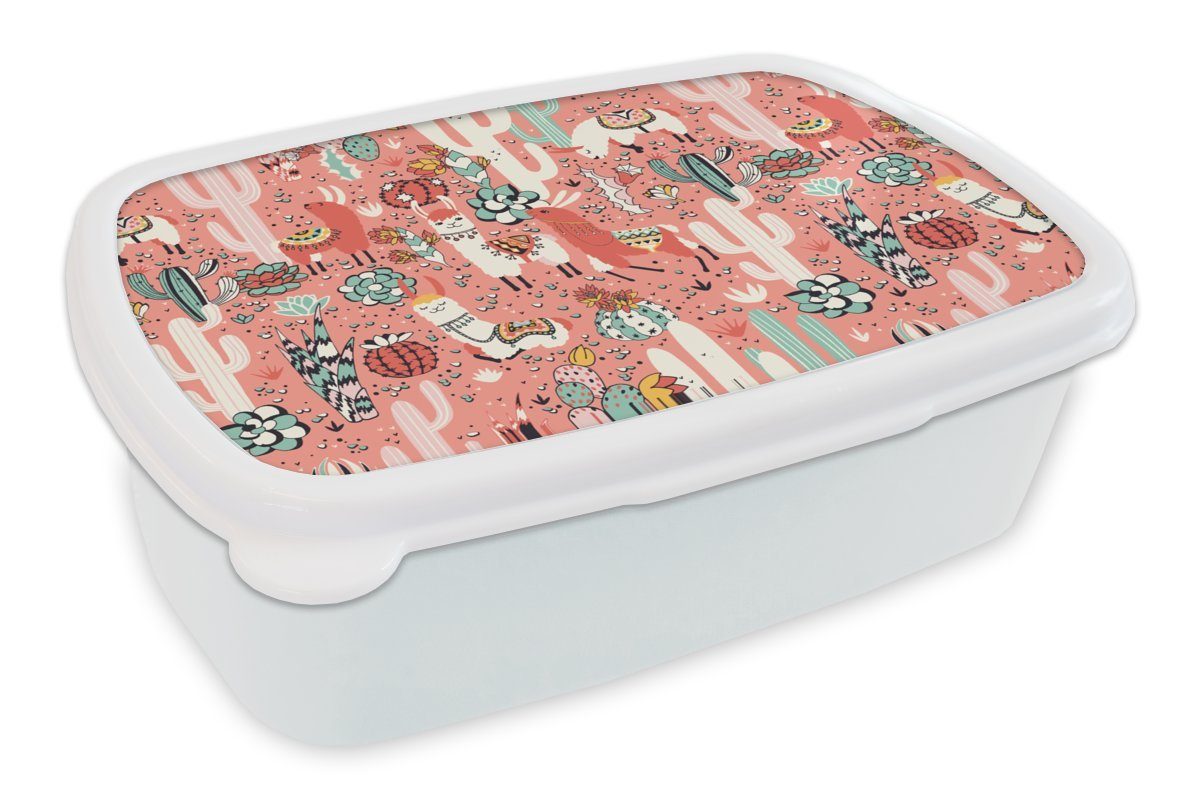 MuchoWow Lunchbox Muster - Dschungel - Lama, Kunststoff, (2-tlg), Brotbox für Kinder und Erwachsene, Brotdose, für Jungs und Mädchen weiß