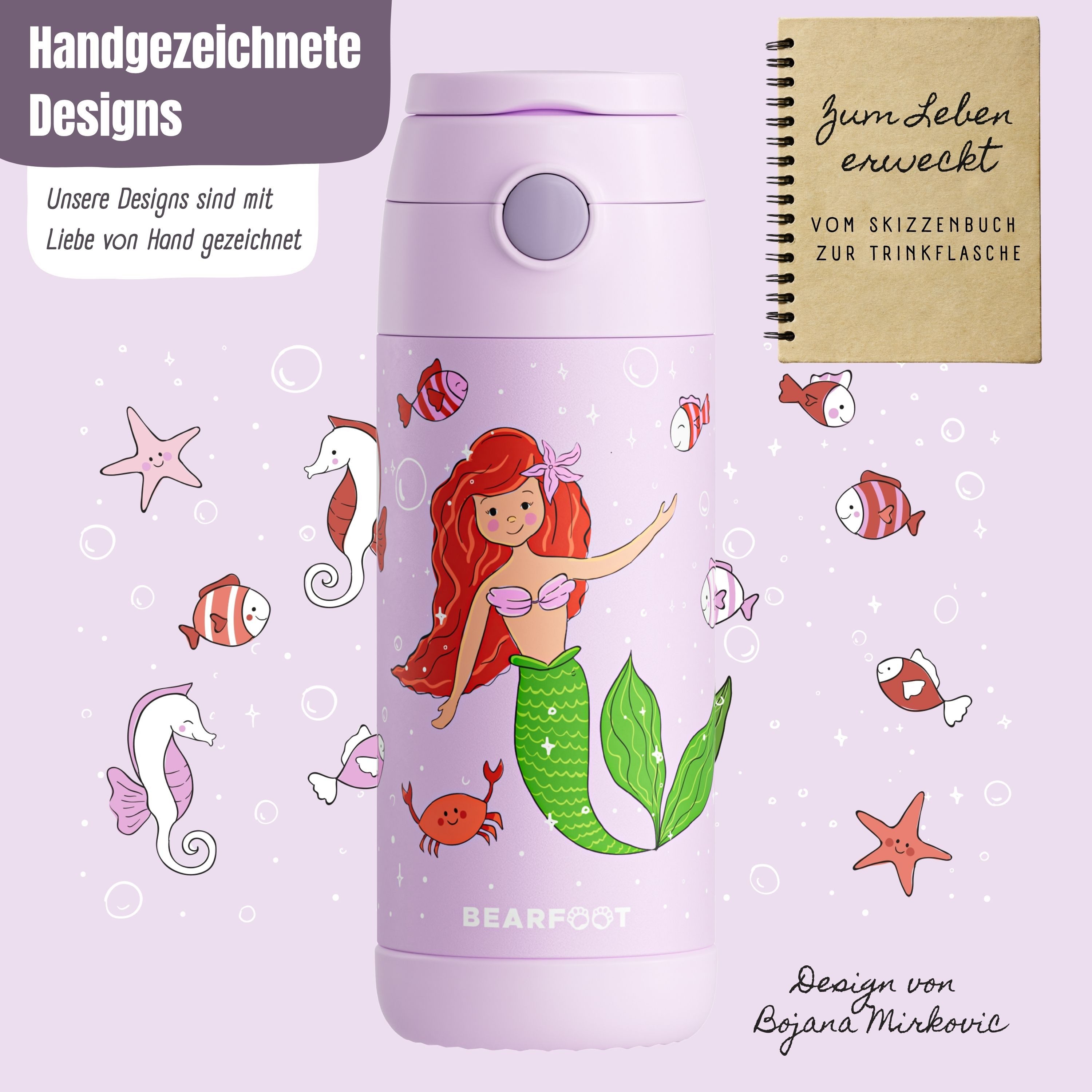 BEARFOOT Trinkflasche Thermo Kinder Trinkflasche Edelstahl - Meerjungfrau lila, Thermosflasche, auslaufsicher, Edelstahl, Kinderflasche, BPA-frei – Bild 4 von 5