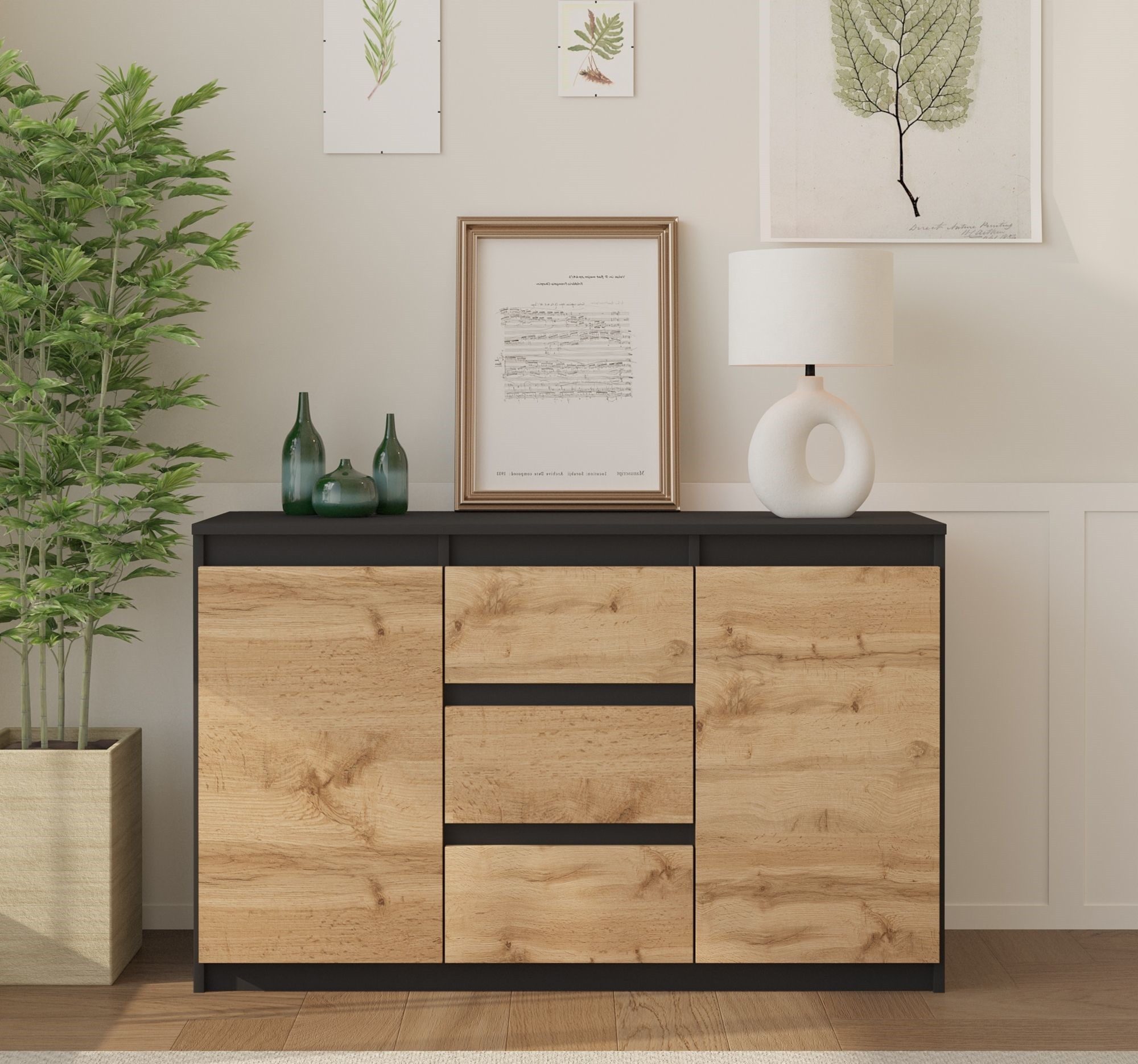 Sideboard MIKEL, 3 Schubladen und 2 Türen - Anthrazit/Wotan Eiche H75cm B120cm