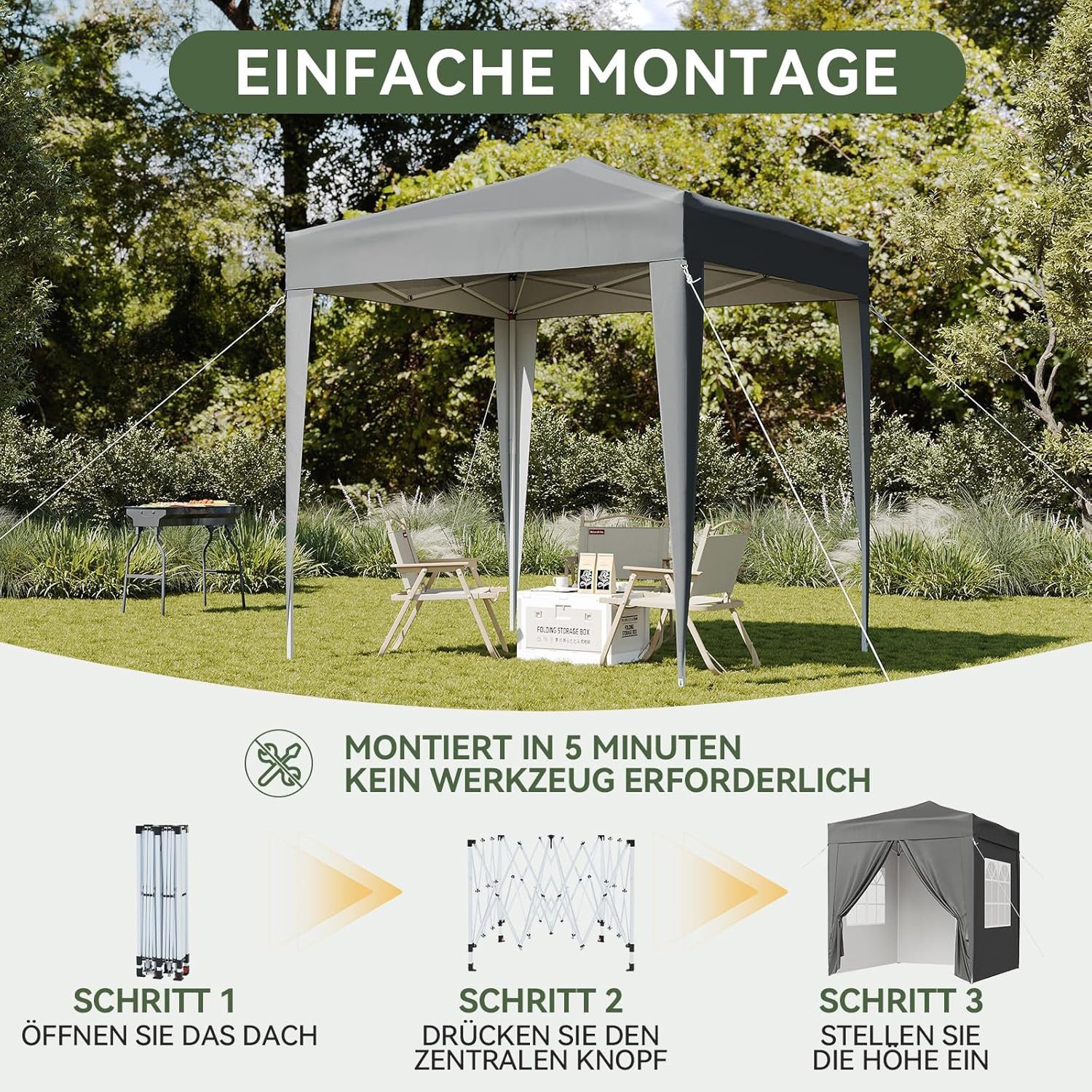 AOXUN Pavillon 2x2m Wasserdicht mit 4 Seitenwänden,Grau, für individuell anpassbare Belüftung, in drei Höhen verstellbar – Bild 5 von 5