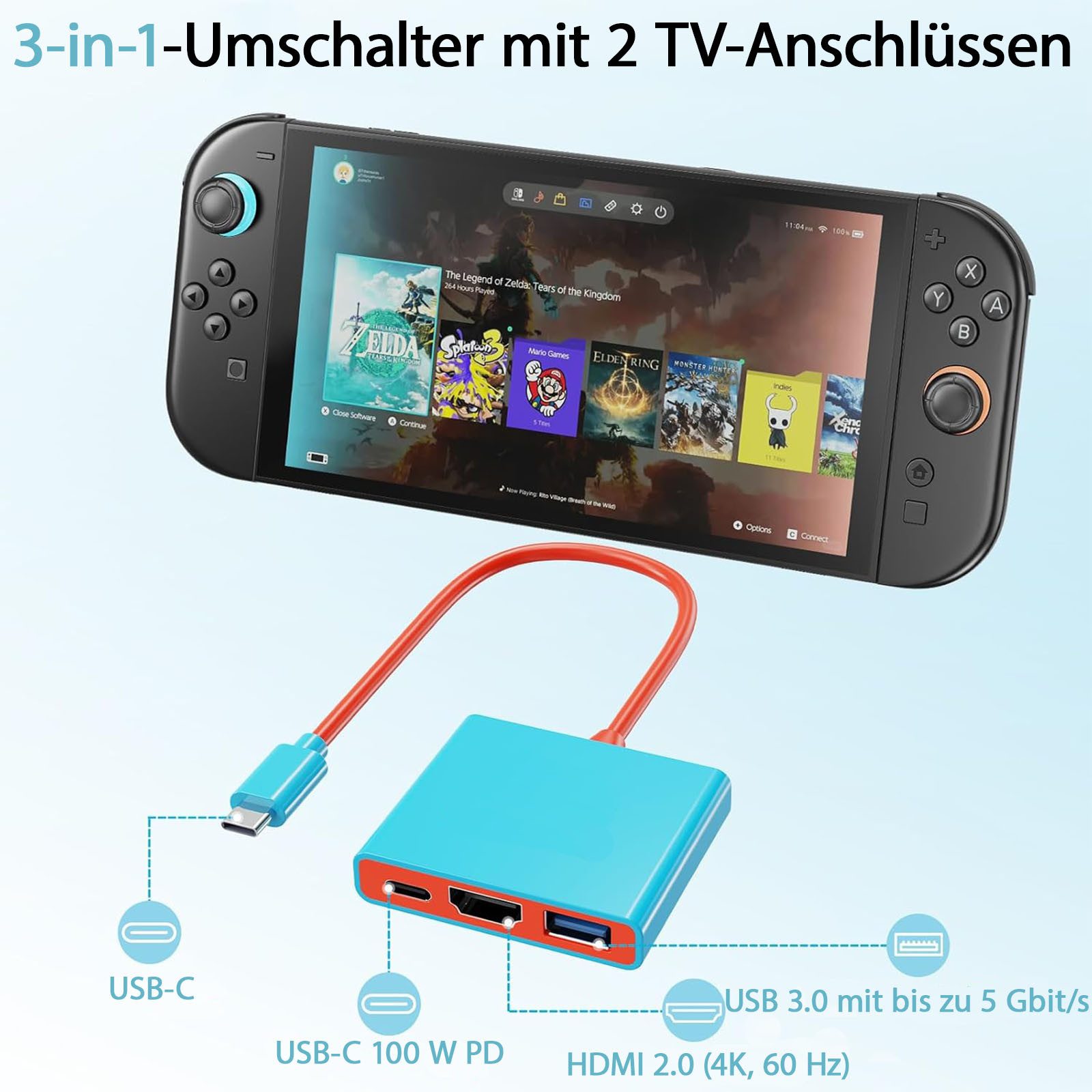 AFKSMILE Dockingstation für Nintendo Switch 2, tragbarer 3-in-1-Ladeständer Akku-Ladestation (Tragbarer HDMI-Adapter mit 4K-HDMI-/USB-3.0-/PD-100-W-Anschlüssen)