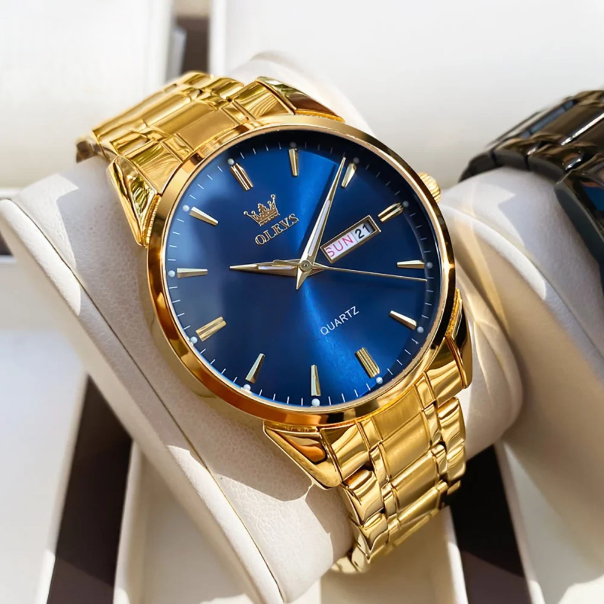 OLEVS Quarzuhr Herrenuhr Olevs– Stilvolle Uhr mit blauem Zifferblatt Goldfarben