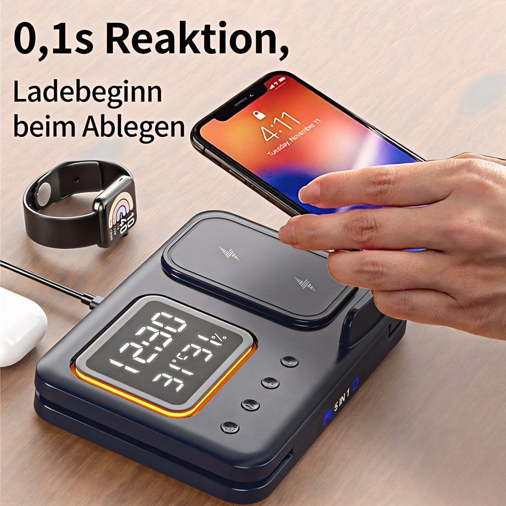Toomoke Ladegerät, Multi-funktionales 5-in-1 Wireless Charger Ladestation (Digitaler Wecker mit 15W Schnellladung für Apple Watch, Kabellose Ladestation mit LED Nachtlicht und Temperaturanzeige)