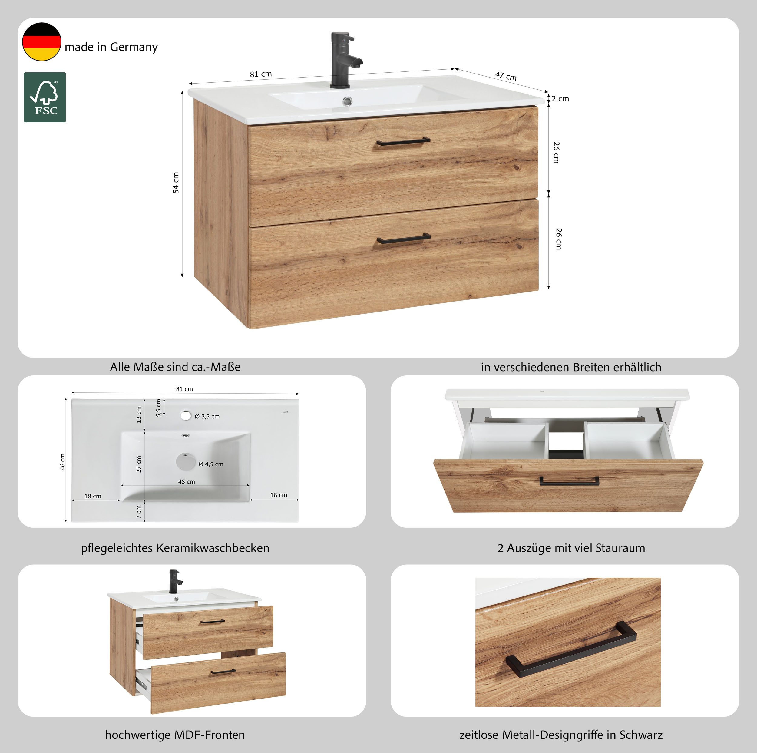 welltime Waschtisch Trento Badezimmerschrank mit Becken, Badmöbel in Breite 80 cm, Waschplatz mit 2 Schubladen, Badschrank