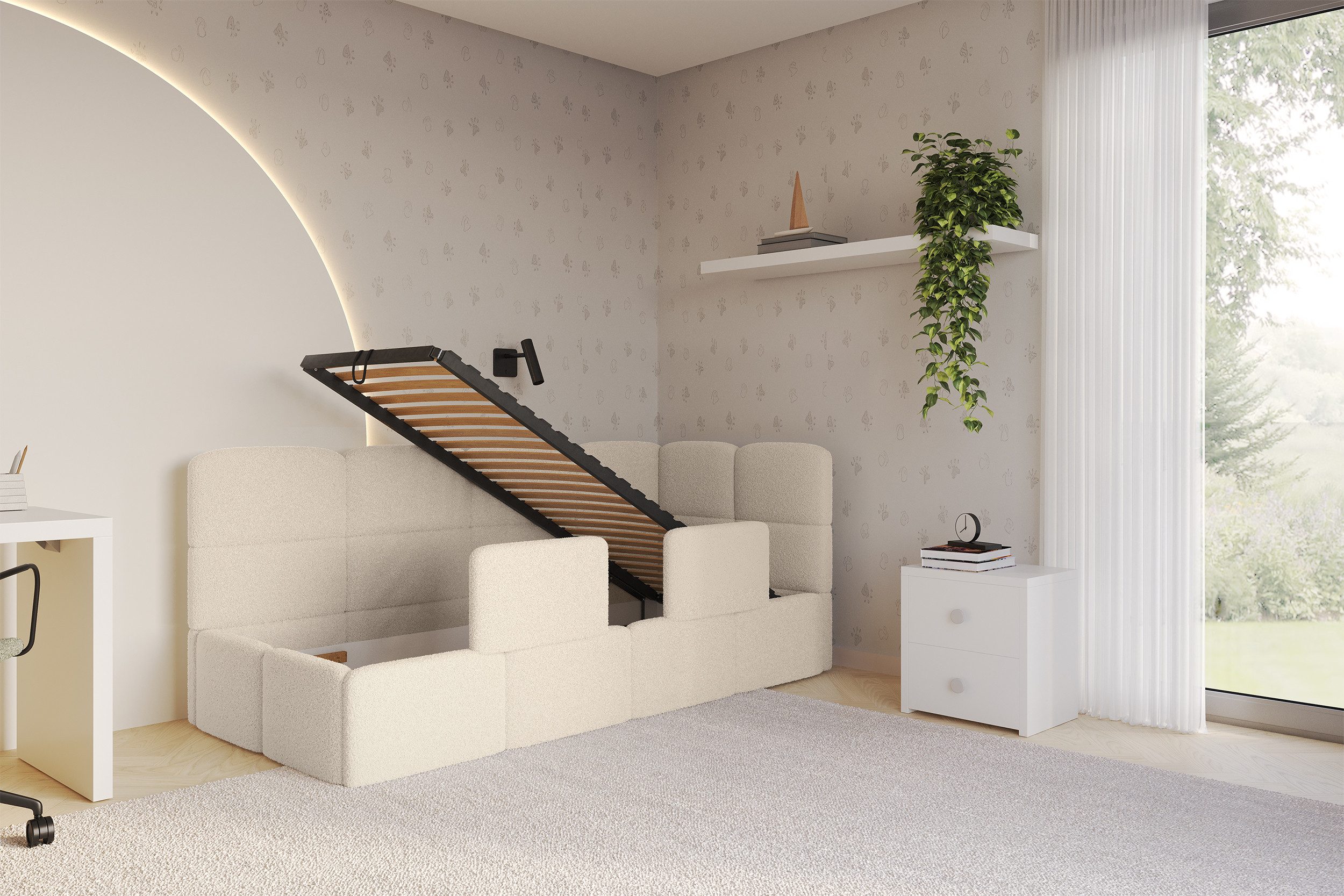 ALTDECOR Jugendbett KIVY (Jugendbett mit Bettkasten und Lattenrost, Polsterbett ohne Matratze), Einzelbett mit Stauraum, Bett mit Kopfteil