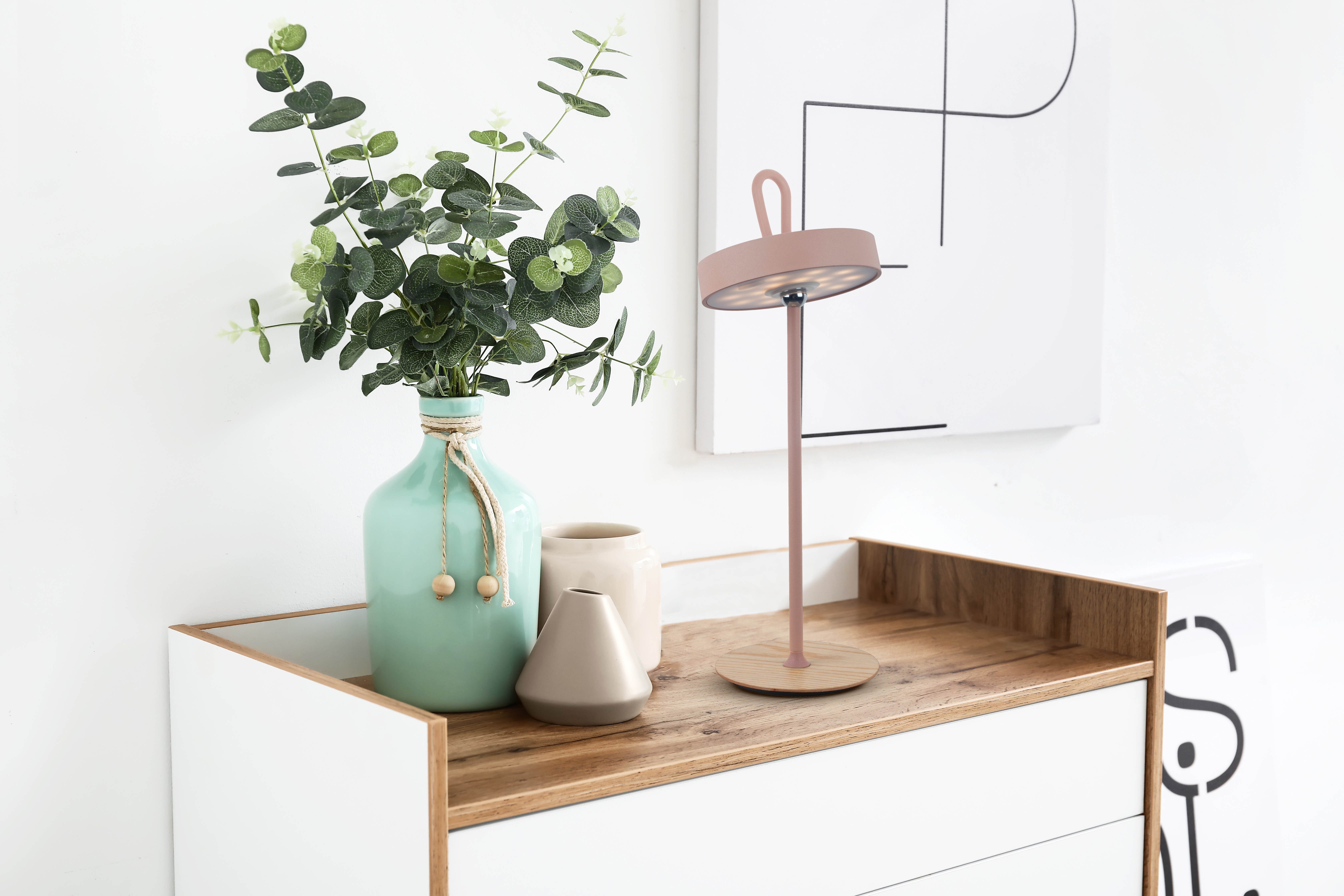 OTTO home LED Tischleuchte Ellvra mit Holzfuß, abnehmbares Kopfteil als Hängeleuchte verwendbar, Dimmfunktion, LED fest integriert, Warmweiß, aufladbar, inkl Akku + USB Kabel, Kopfteil magnetisch, abnehmbar, Holz