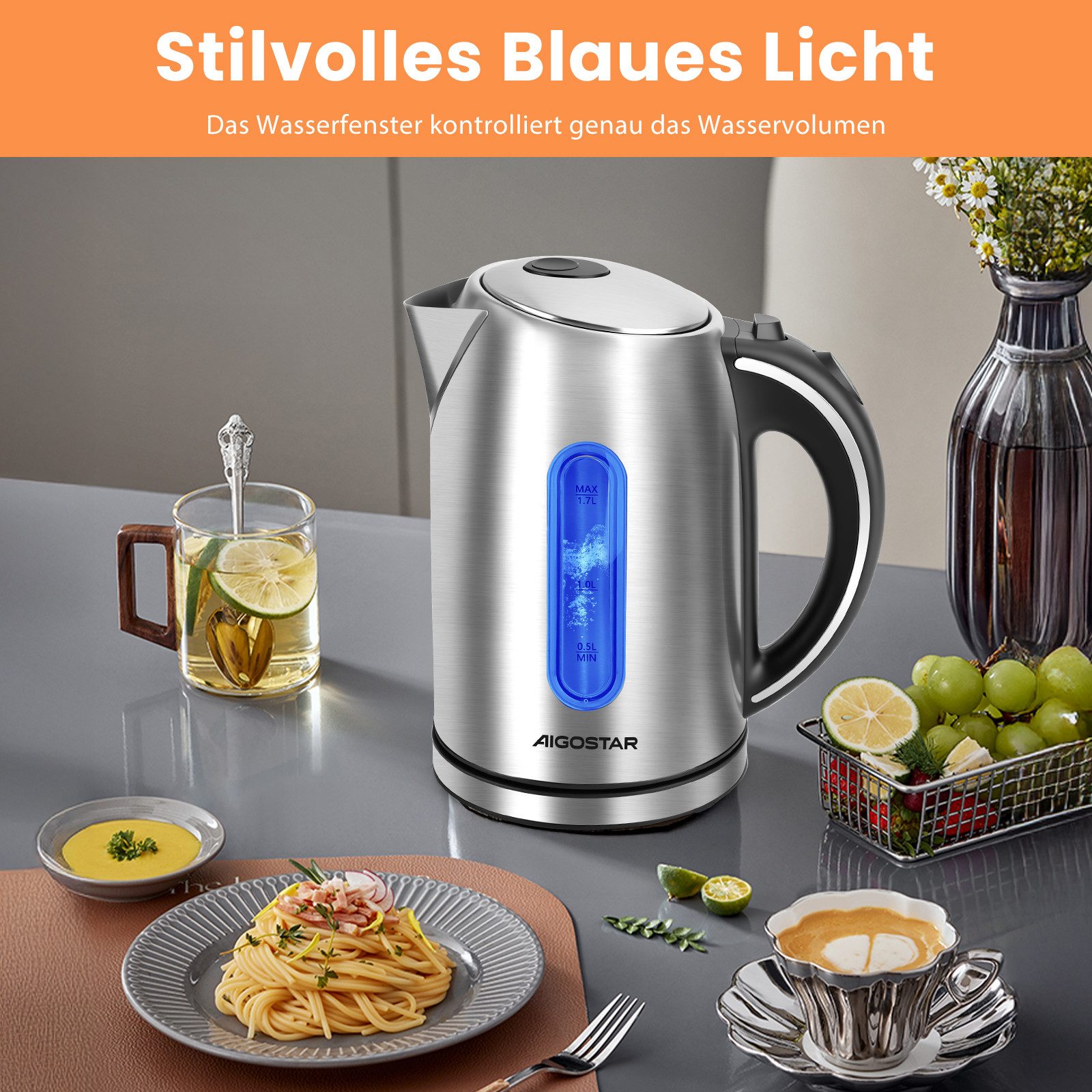 Aigostar Wasserkocher Edelstahl Wasserkocher 1,7L, 2200W, mit Kalkfilter, LED Beleuchtung, 1.7 l, 2200,00 W, Mit Wasserstandsanzeige, Schnelles Kochen, Abschalt – Bild 5 von 5