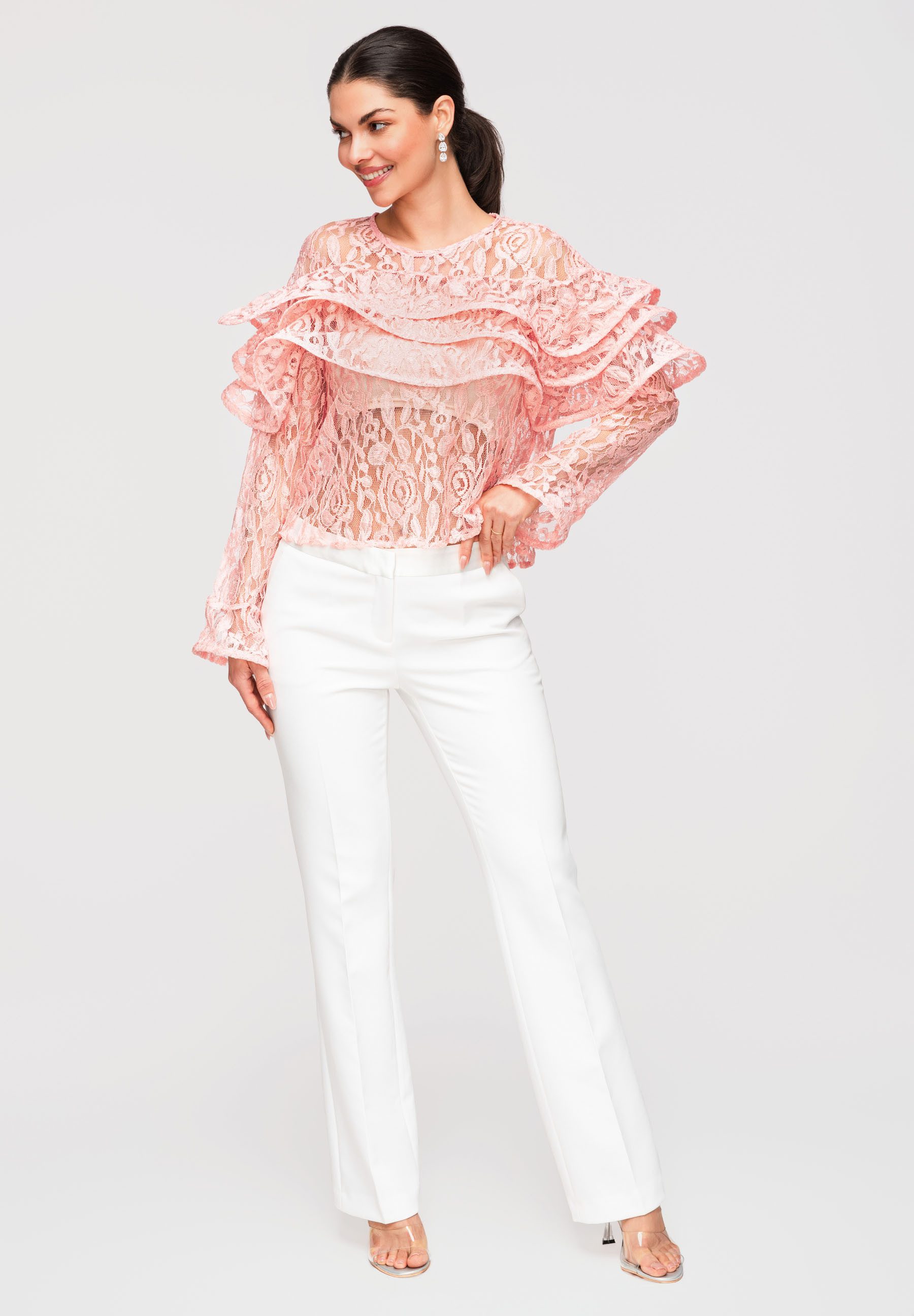 OMBRE Langarmbluse Damen Bluse Spitze Rüschen Elegant Pink ONESIZE (kein Set, 1-tlg) Ajour-Spitze, mehrlagige Rüschen
