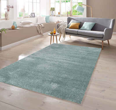 Teppich Designer Teppich Kurzflor uni hellblau meliert eisblau, TeppichHome24, rechteckig