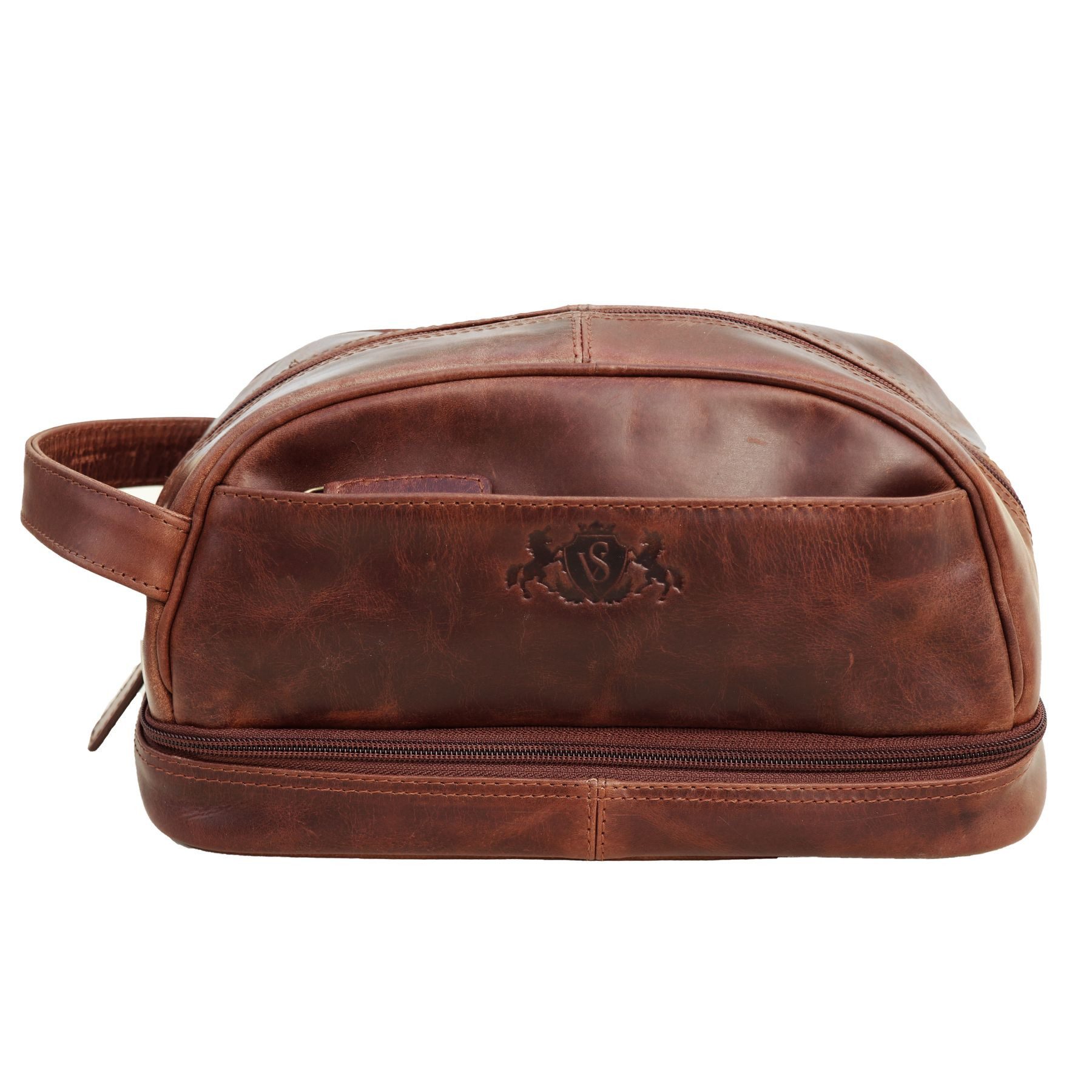 SID & VAIN Kulturbeutel echt Leder Kulturtasche groß Ledertasche braun ALEX, Waschbeutel Echtleder für Herren, Kosmetiktasche braun-cognac