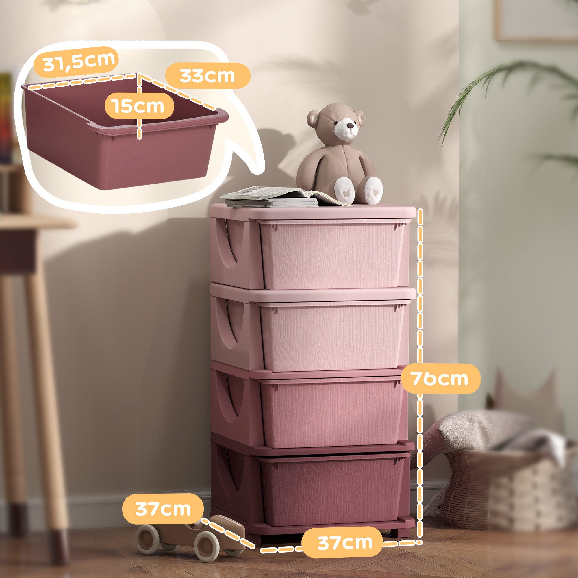 HOMCOM Spielzeugtruhe Schubladenschrank mit Stauraum, Spielzeugkiste, drei Ebenen (Spielzeugkiste, 1 St., Spielzeug-Organizer), für Kinderzimmer 3-6 Jahre Kindermöbel Rosa 37 x 37 x 76 cm