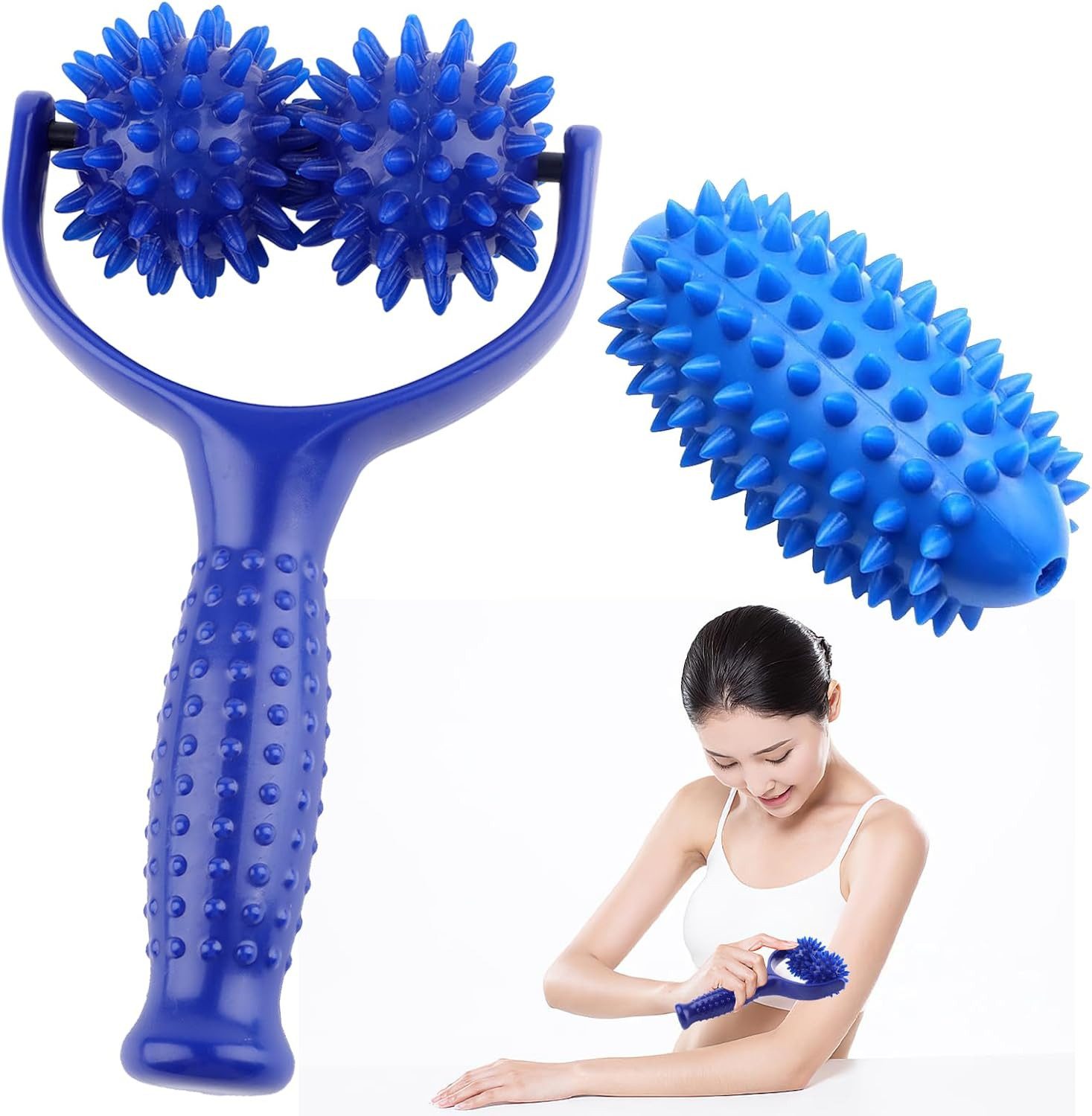 Fyrove Massageroller Mit Griff,Auswechselbare Massage Roller mit 3 Igelball, Selbstmassagerolle,Massagegerät Fascia Ball,Fußmassage für Beine RüCken Arme Schultern Muskelschmerzen(Blau)