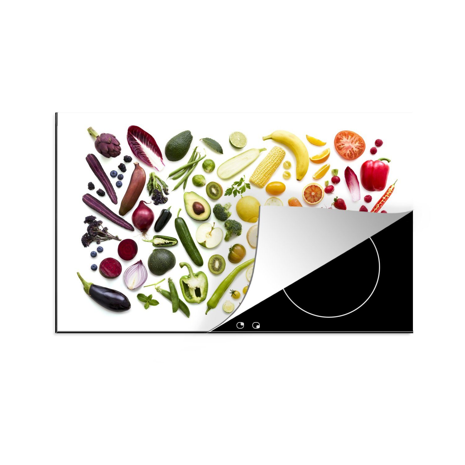 MuchoWow Herdblende-/Abdeckplatte Gemüse - Obst - Regenbogen, Vinyl, (1 tlg), 83x51 cm, Ceranfeldabdeckung, Arbeitsplatte für küche