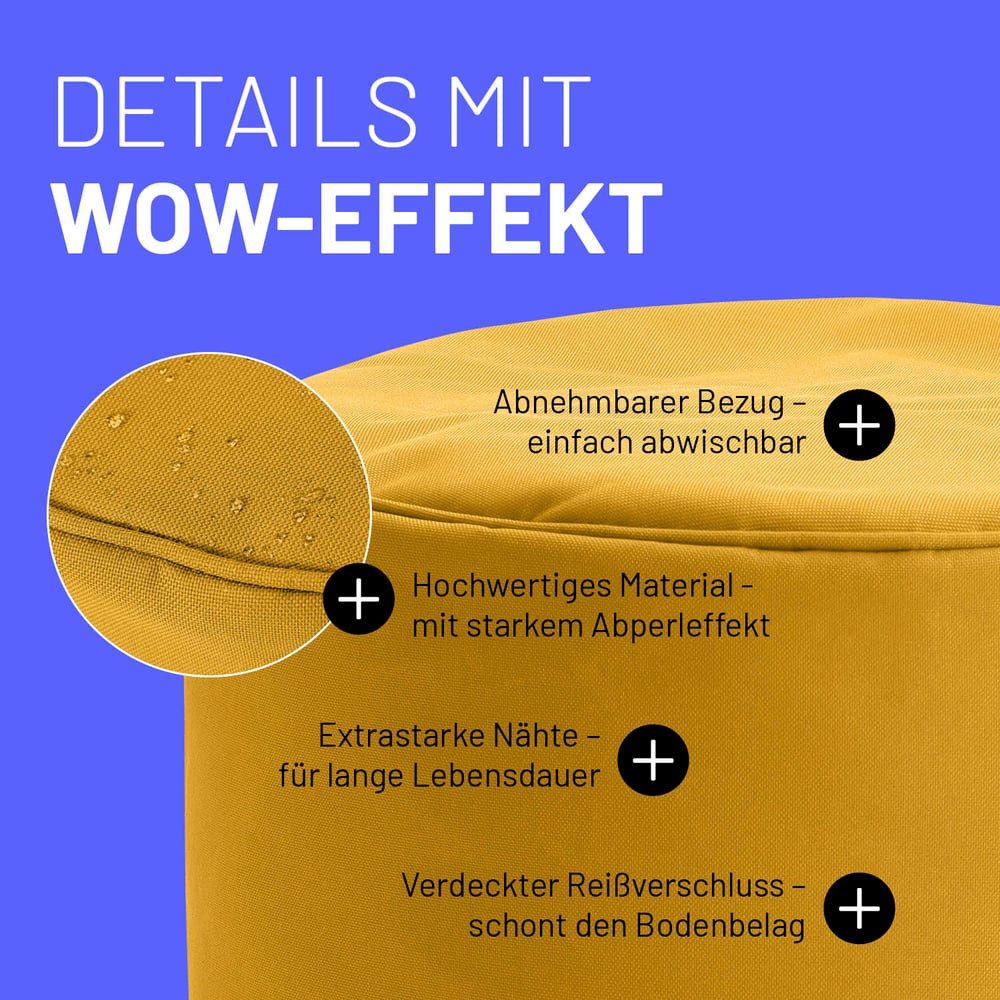 Lumaland Sitzsack Sitzsack-Hocker Pouf rund Cord 50l senfgelb, supersofte Füllung EPS-Perlen – Bild 4 von 5