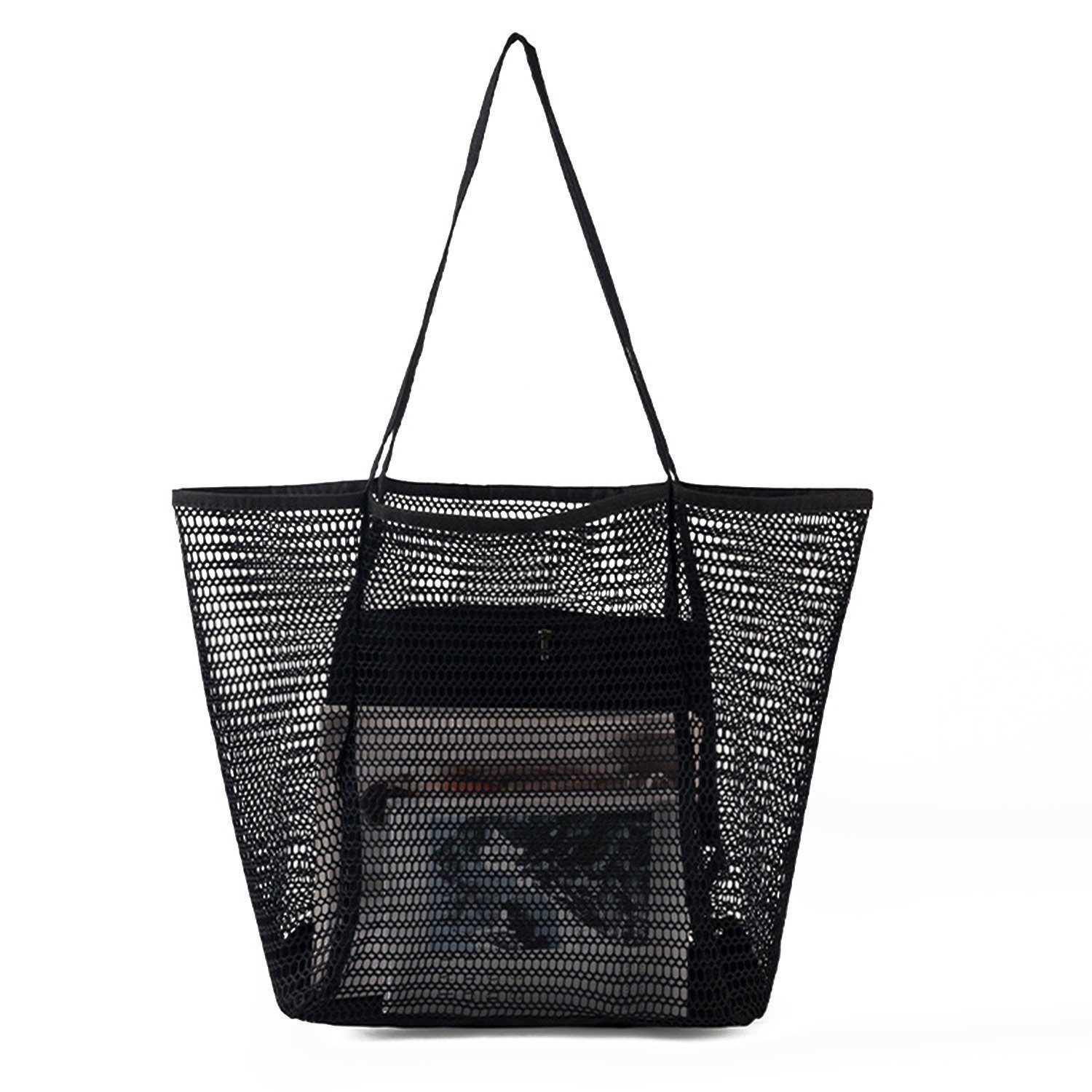 große Innentasche Trachtentasche Schwarz Mesh-Strandtasche, mit MAGICSHE Reißverschluss, Damen-Badetasche, Schultertasche, Einkaufstasche