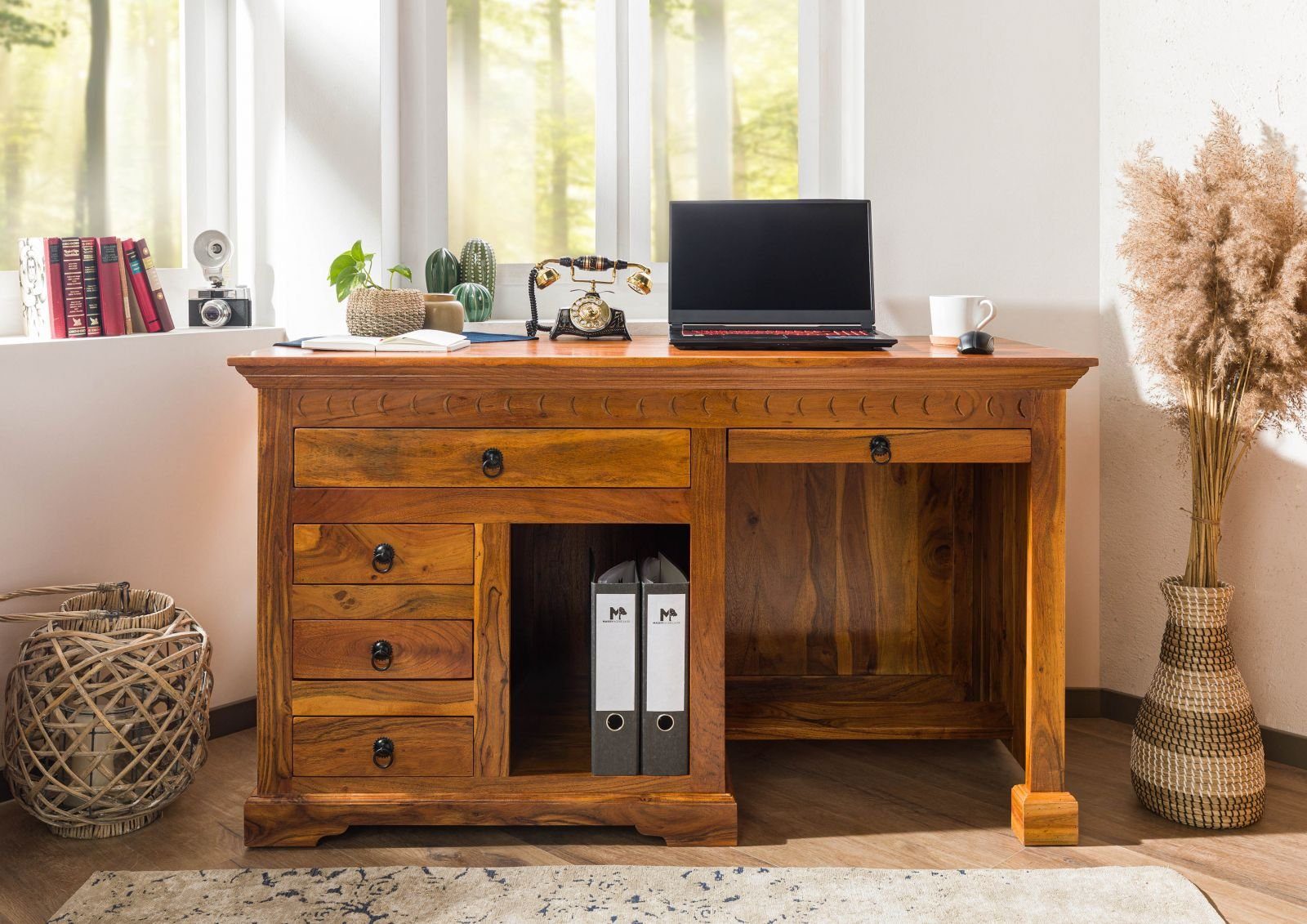 Massivmoebel24 Schreibtisch OXFORD (Massivholz, Massivholztisch), Schreibtisch Akazie 140x64x80 honig  lackiert OXFORD #0511