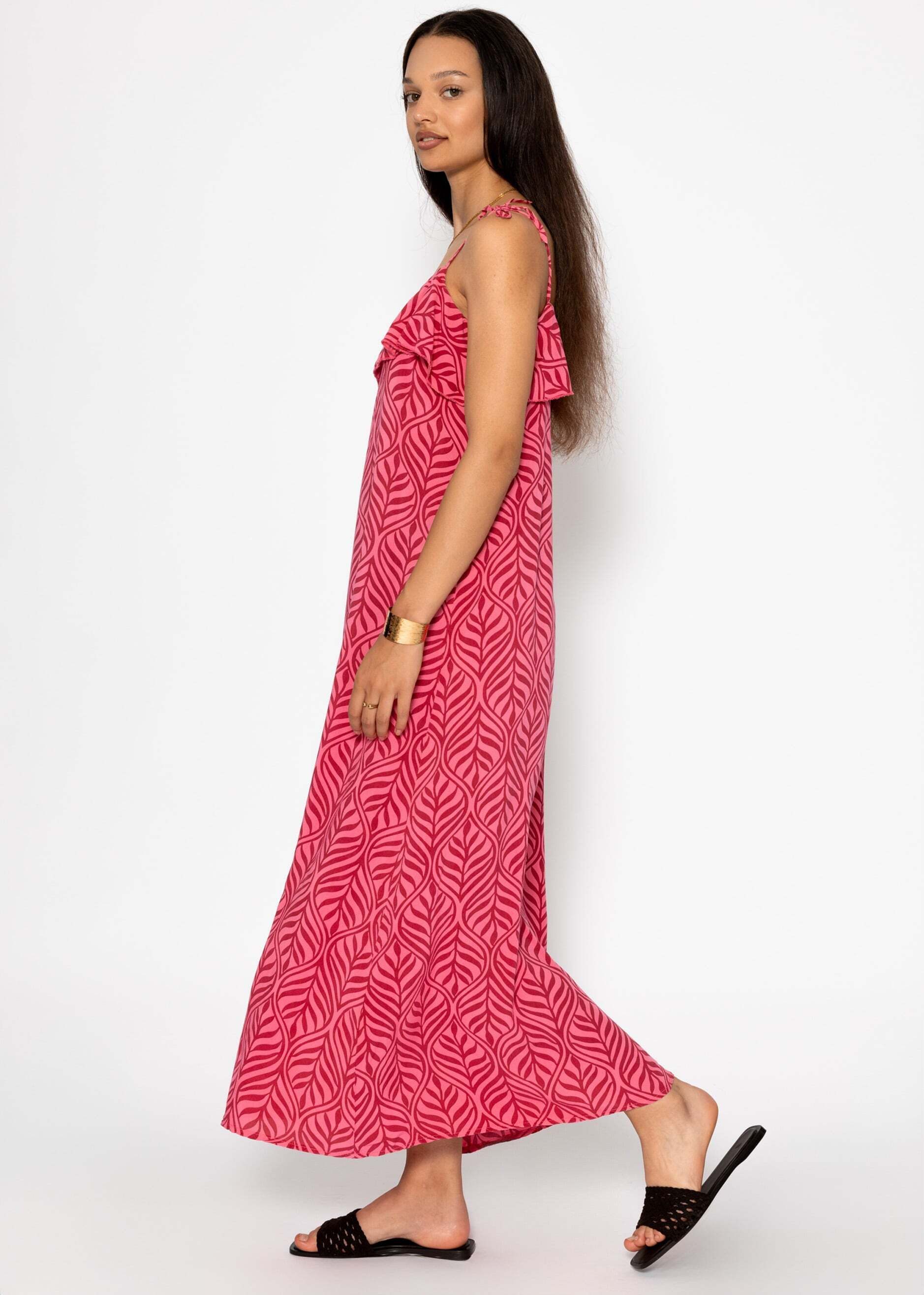 SASSYCLASSY Maxikleid Langes Kleid mit Volants und Print für Damen Luftiges Maxikleid mit verstellbaren Trägern aus Viskose Rosa