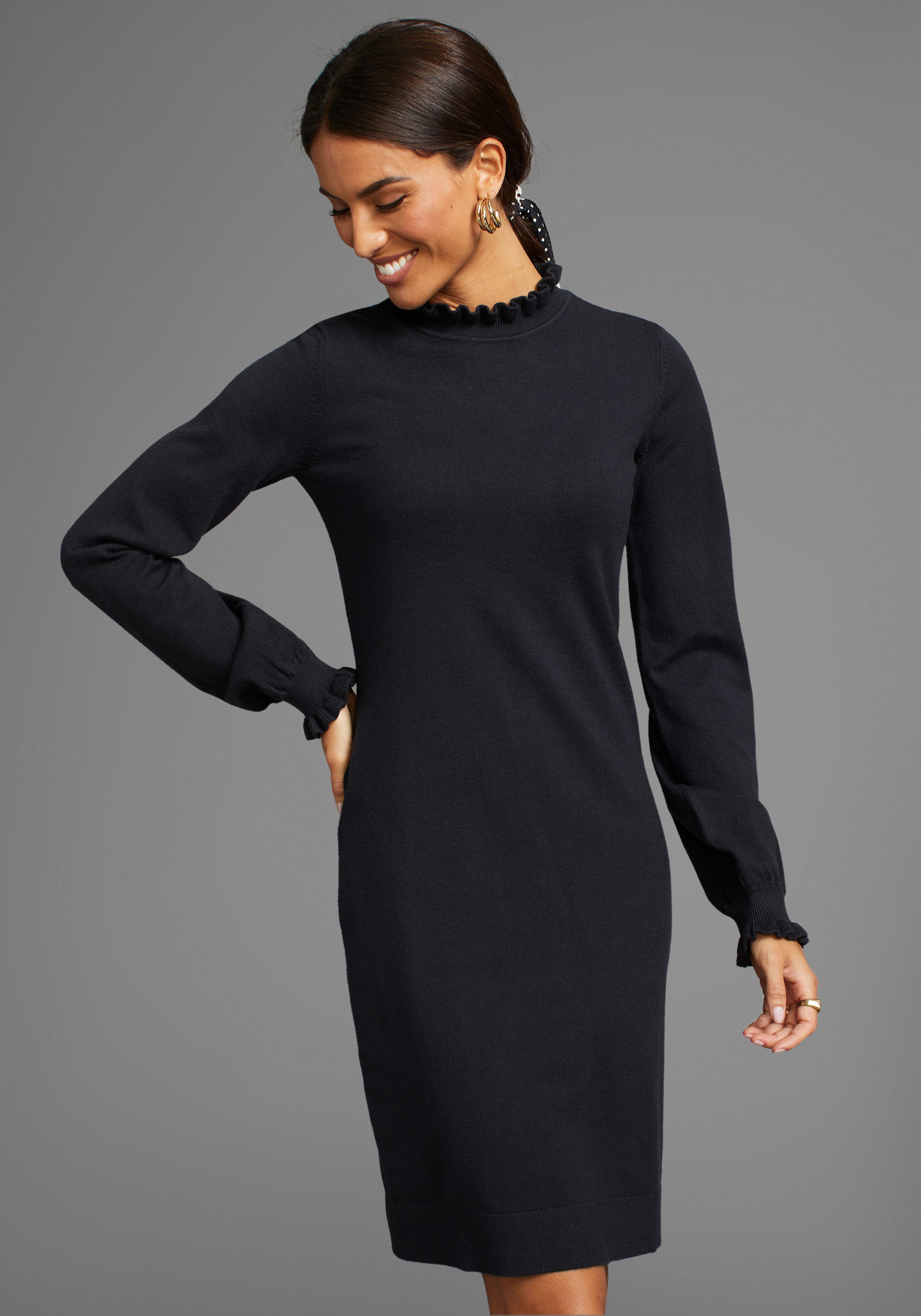 Laura Scott Strickkleid aus Viskosemischung mit femininem Rüschendetail günstig online kaufen