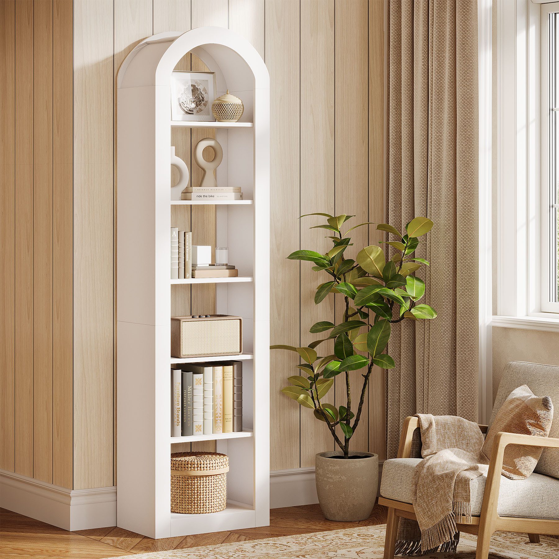 Tribesigns Bücherregal 190 cm Hoch, 6-stöckiges Schmales Regal Mit Bogendesign, Warmweiß