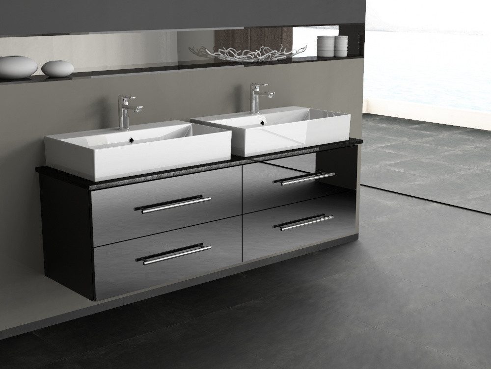 Aqua Bagno Badmöbel-Set Aqua Bagno Flex Badmöbel 160 cm Schwarz mit Doppelwaschbecken, (5-St., Badmöbelschrank mit Trägerplatte, Waschbecken), einfache Montage