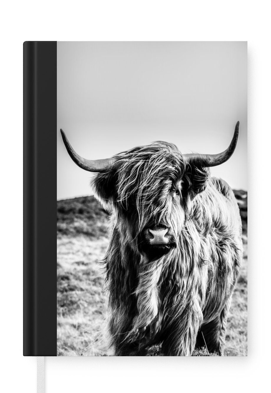 MuchoWow Notizbuch Scottish Highlander - Schwarz - Weiß, Journal, Merkzettel, Tagebuch, Notizheft, A5, 98 Seiten, Haushaltsbuch