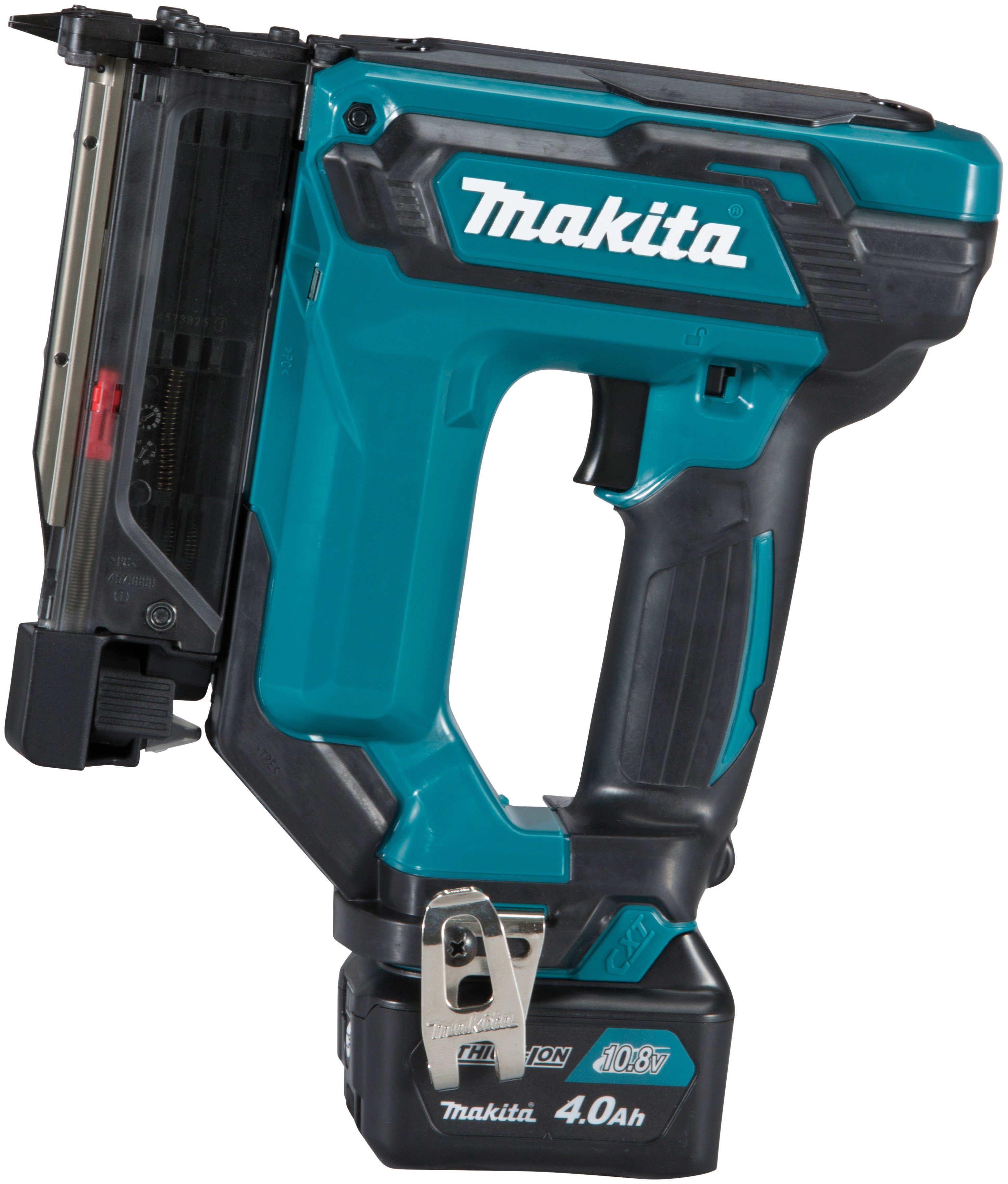 Makita Akku-Tacker PT354DSMJ, (Set, 4 tlg), 10,8 V, inkl. 2 Akkus und 1 Ladegerät, mit leuchtstarker LED