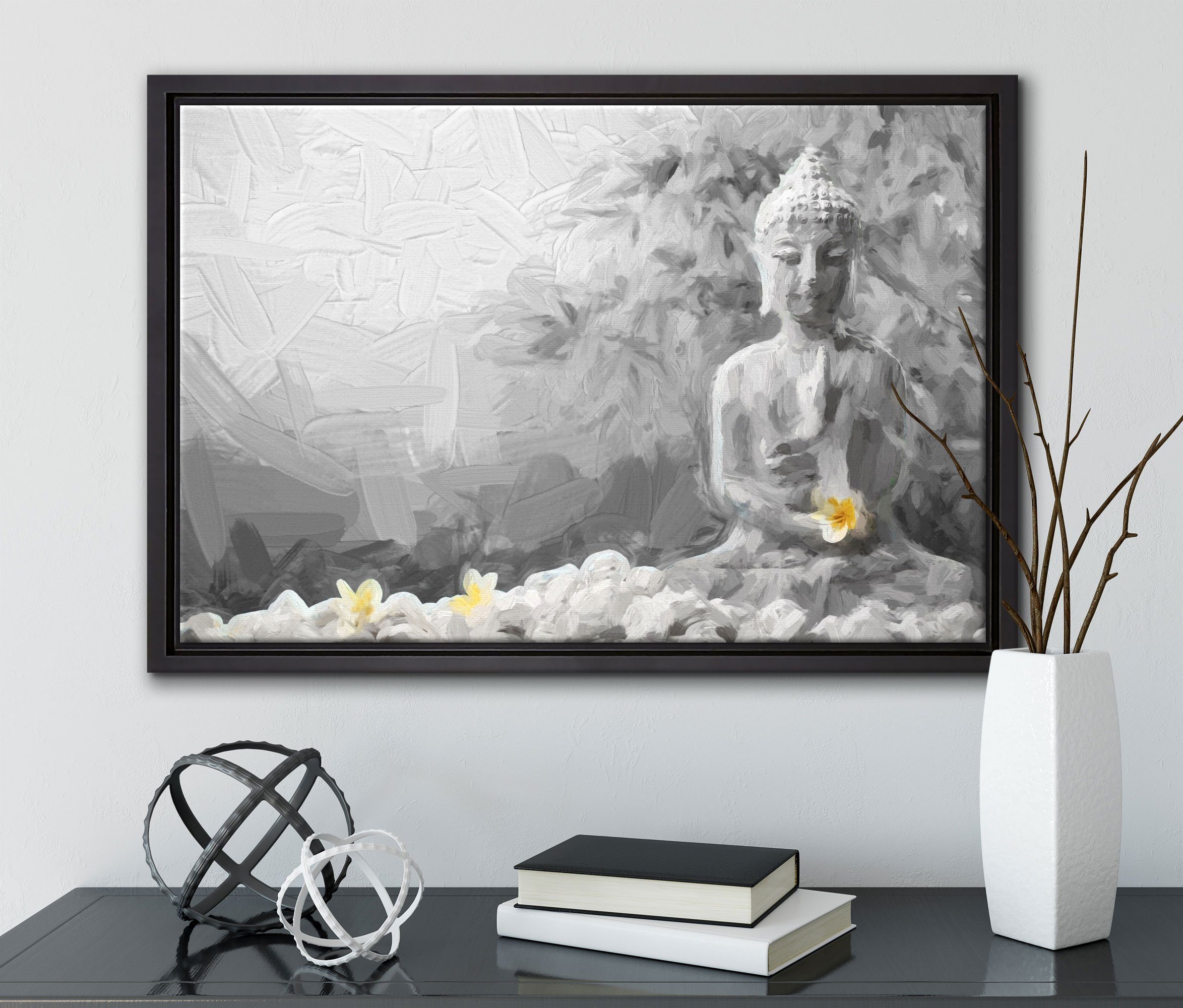mit Pixxprint gefasst, Buddha der Leinwandbild Monoi einem Wanddekoration Zackenaufhänger in inkl. Leinwandbild Hand, bespannt, St), in fertig Blüte Schattenfugen-Bilderrahmen (1