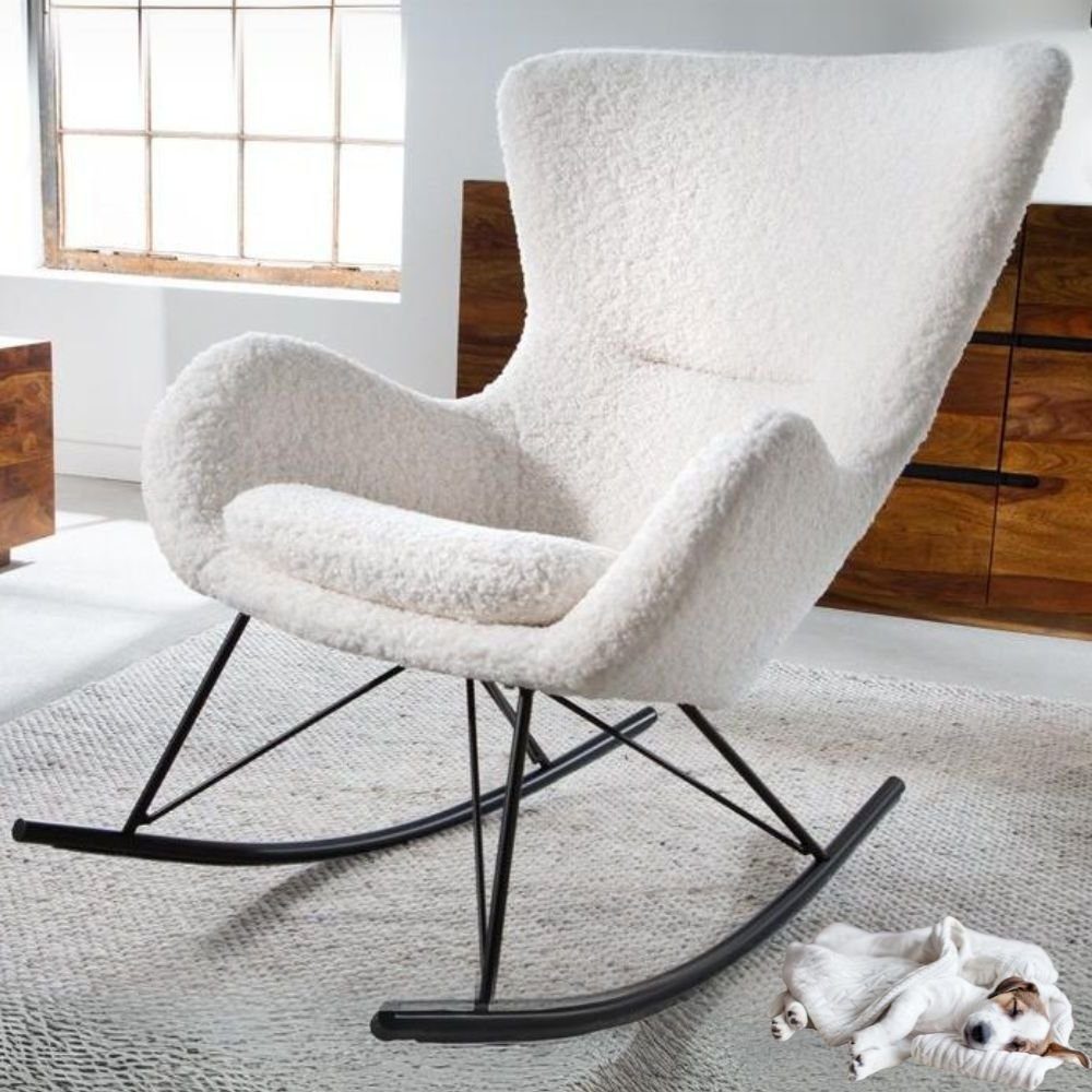 LebensWohnArt Stuhl Bequemer Schaukelstuhl HYGGE weiss Bouclé Sessel