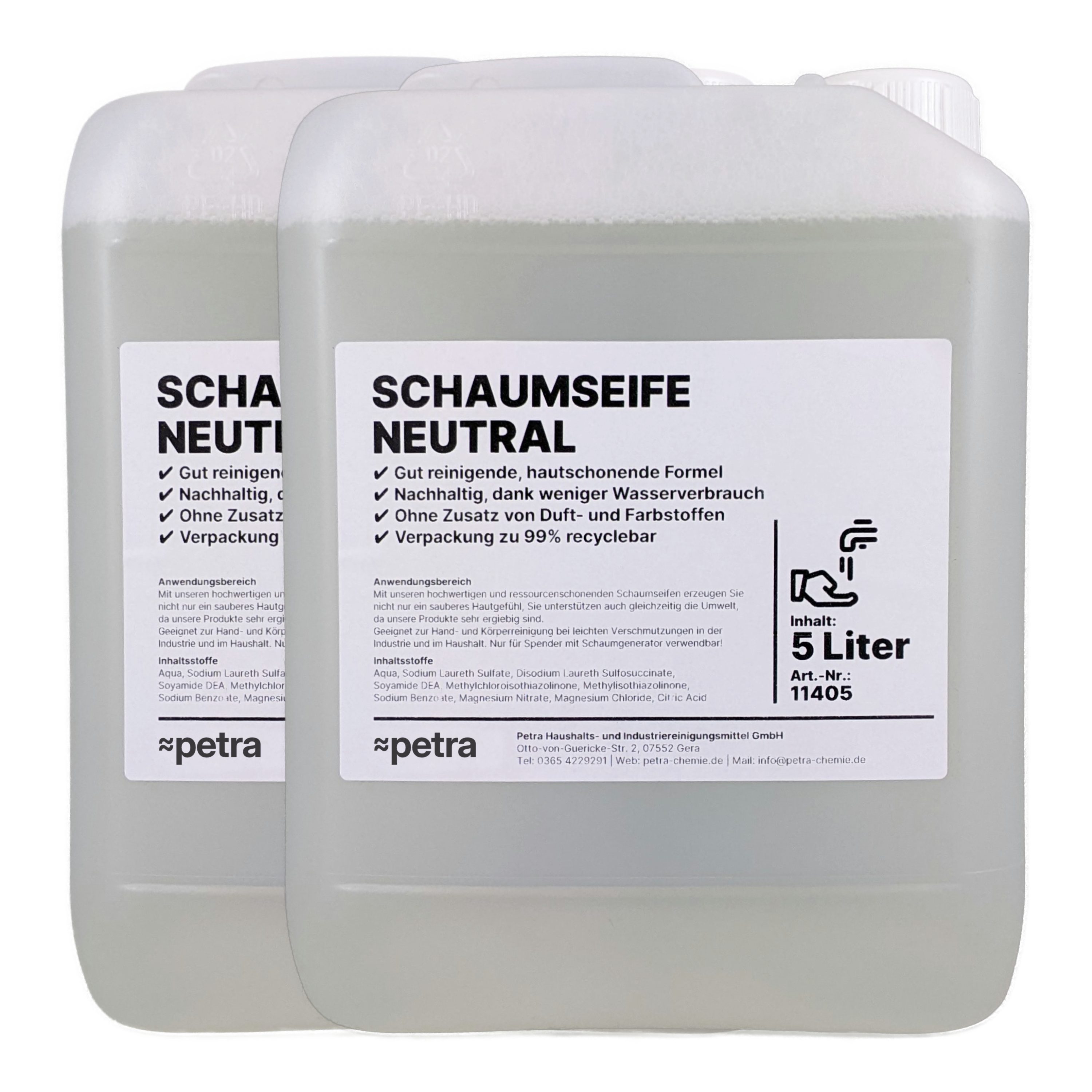≈petra Flüssigseife Schaumseife Neutral [2 × 5 Liter Kanister] ohne Duft- und Farbstoffe, besonders geeignet zum Nachfüllen von Schaumseifenspendern