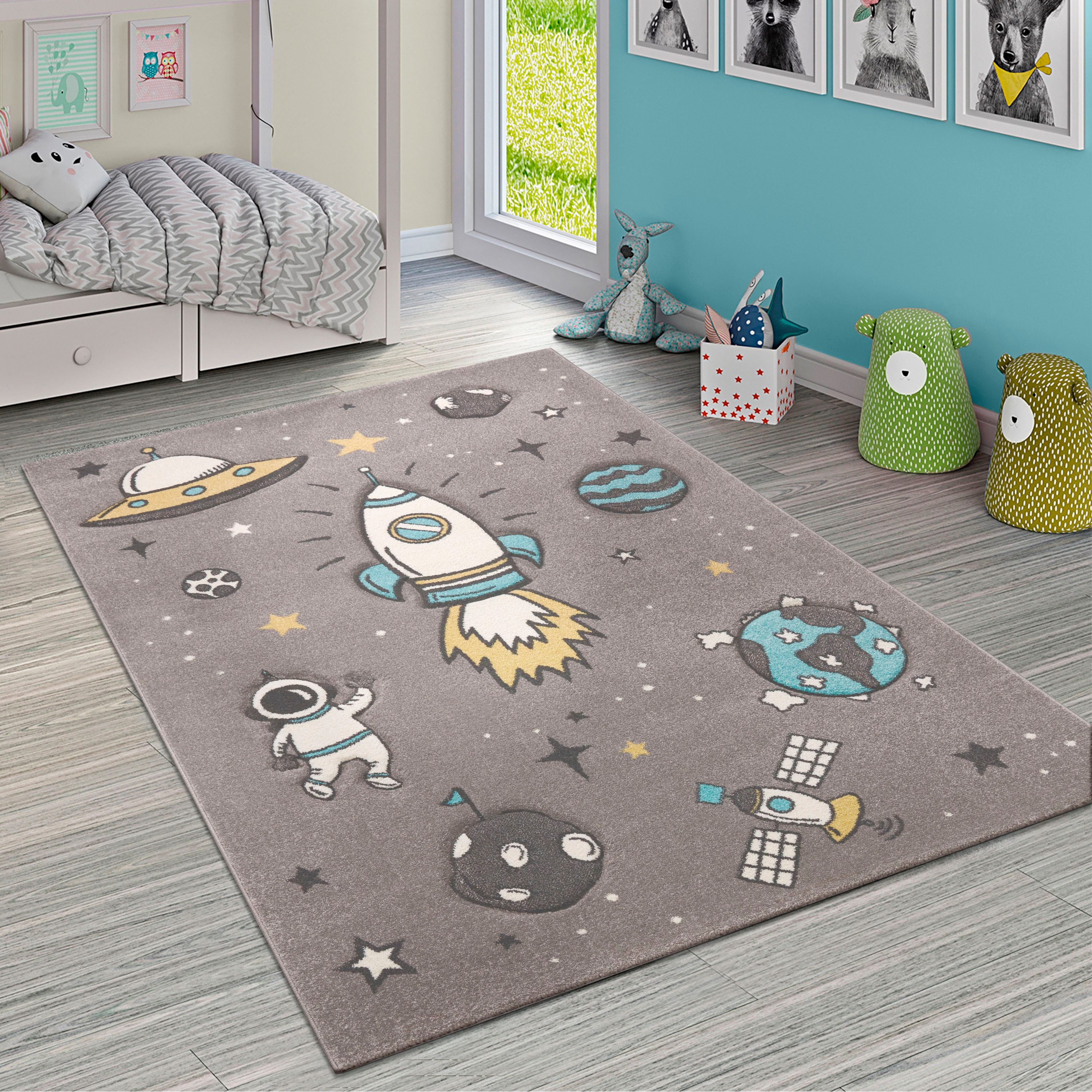 Paco Home Kinderteppich Diamond 100, rechteckig, Höhe: 18 mm, 3D-Design, Motiv Weltraum, Rakete & Astronaut, Kinderzimmer