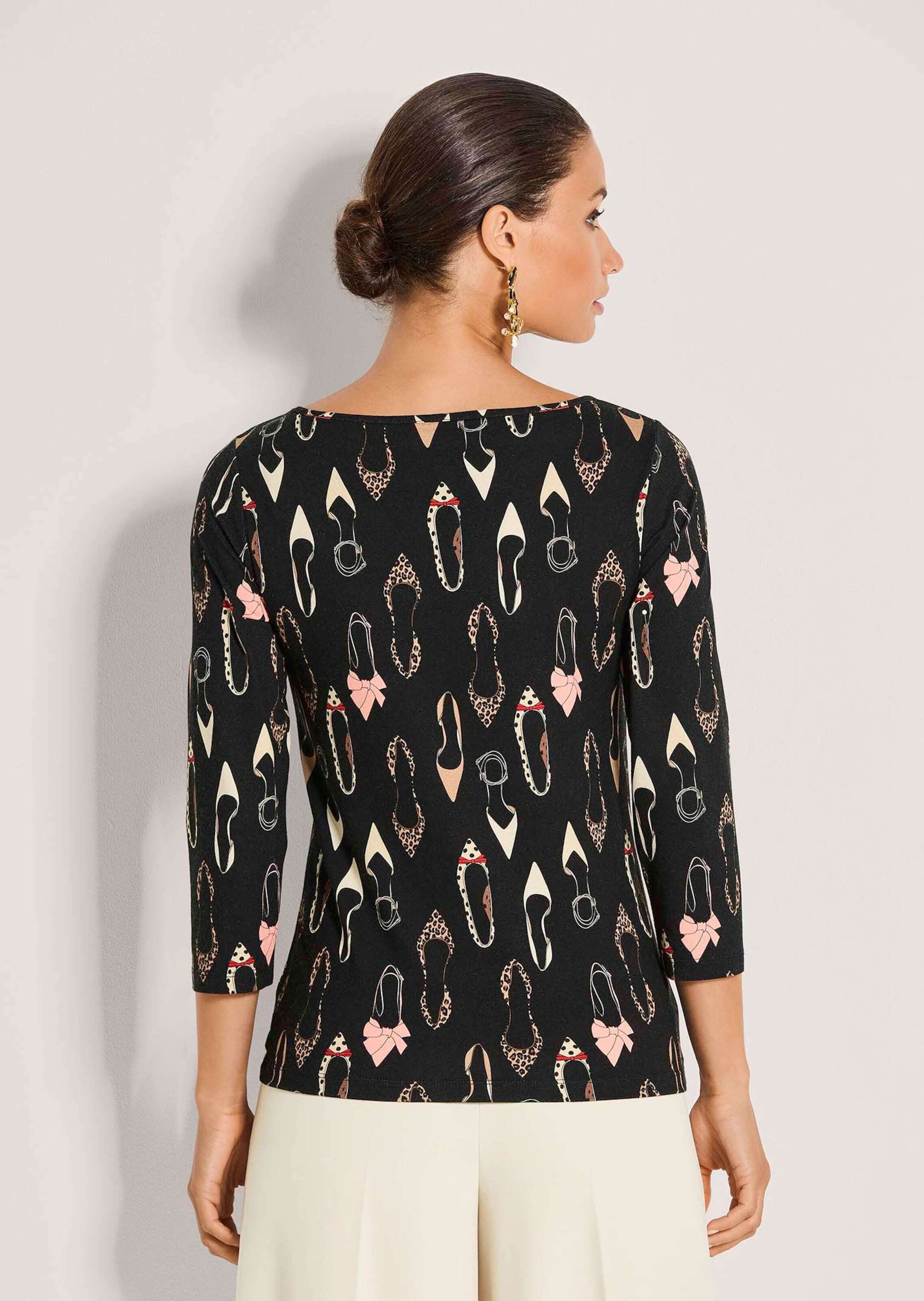 MADELEINE Langarmshirt Rundhals-Shirt mit All-Over-Print Viskose-Shirt mit 3/4-Ärmel, gerader Saum, knitterarm