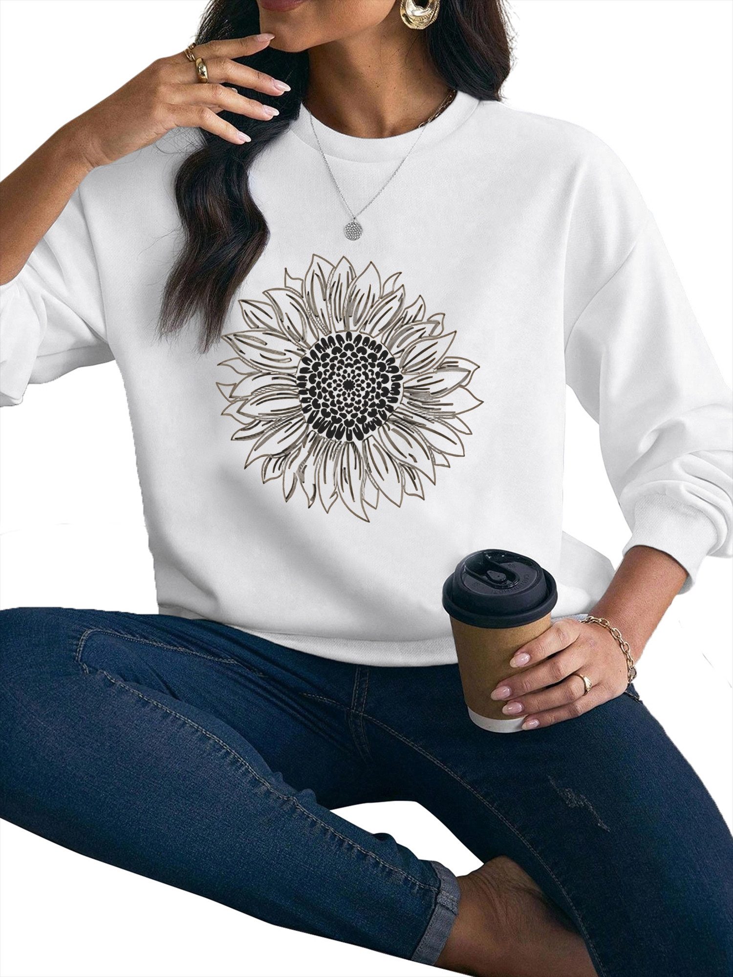 PYLIKE Sweatshirt Damen Rundhals Fleecepullover mit Sonnenblume Print Bequem für Herbst & Winter