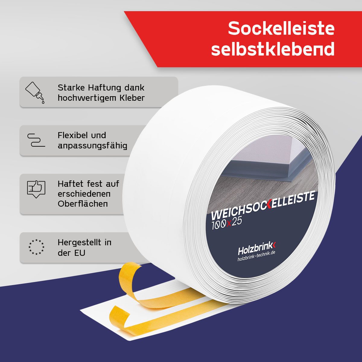 HOLZBRINK Sockelleiste HOLZBRINK selbstklebend PVC 100x25mm, 1 m, L: 100 cm, 1m Rolle, Küchenleiste Abschlussleiste für Badezimmer Farbe: Weiß