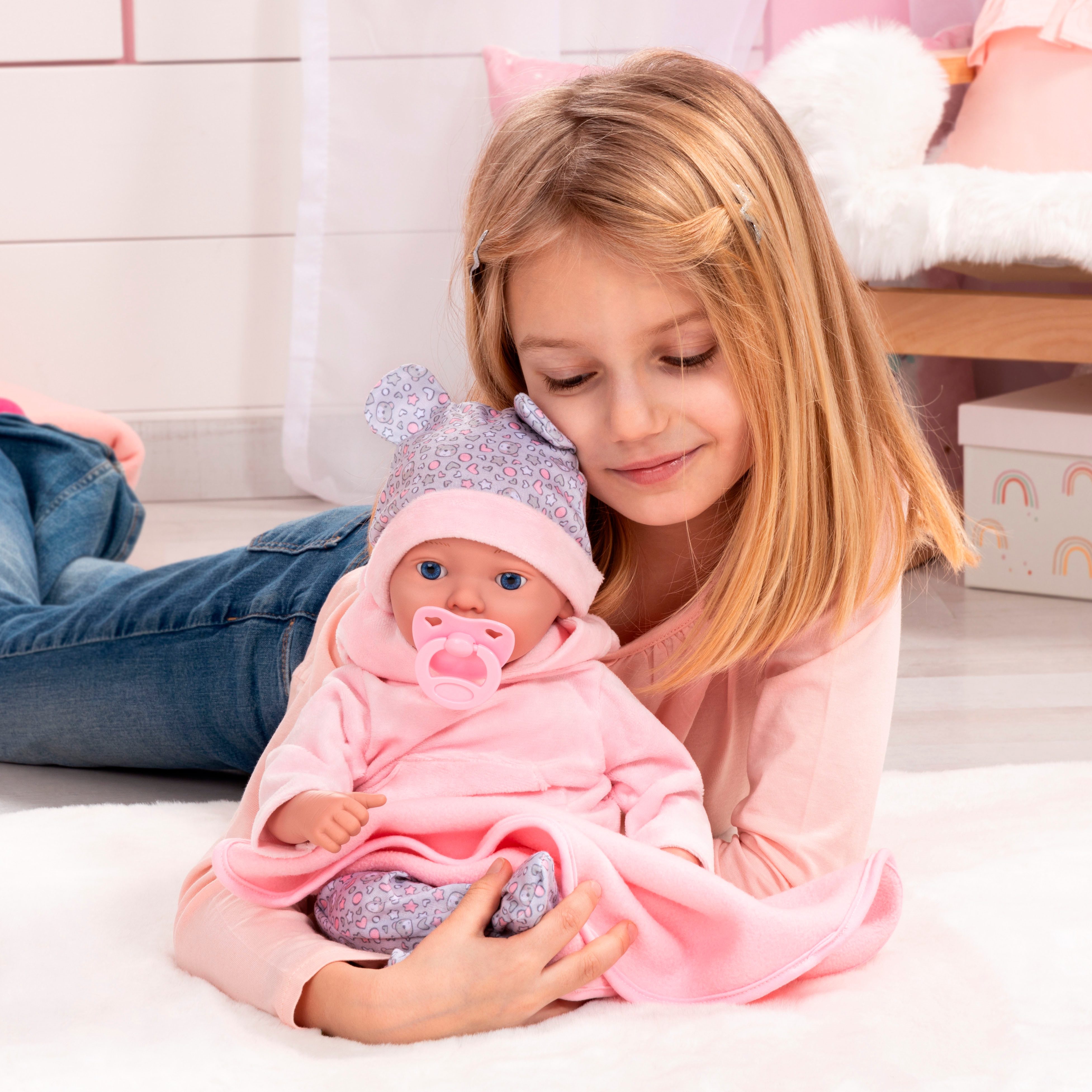 Bayer Babypuppe Reborn Baby, 38 cm Bärenmuster (4-tlg)