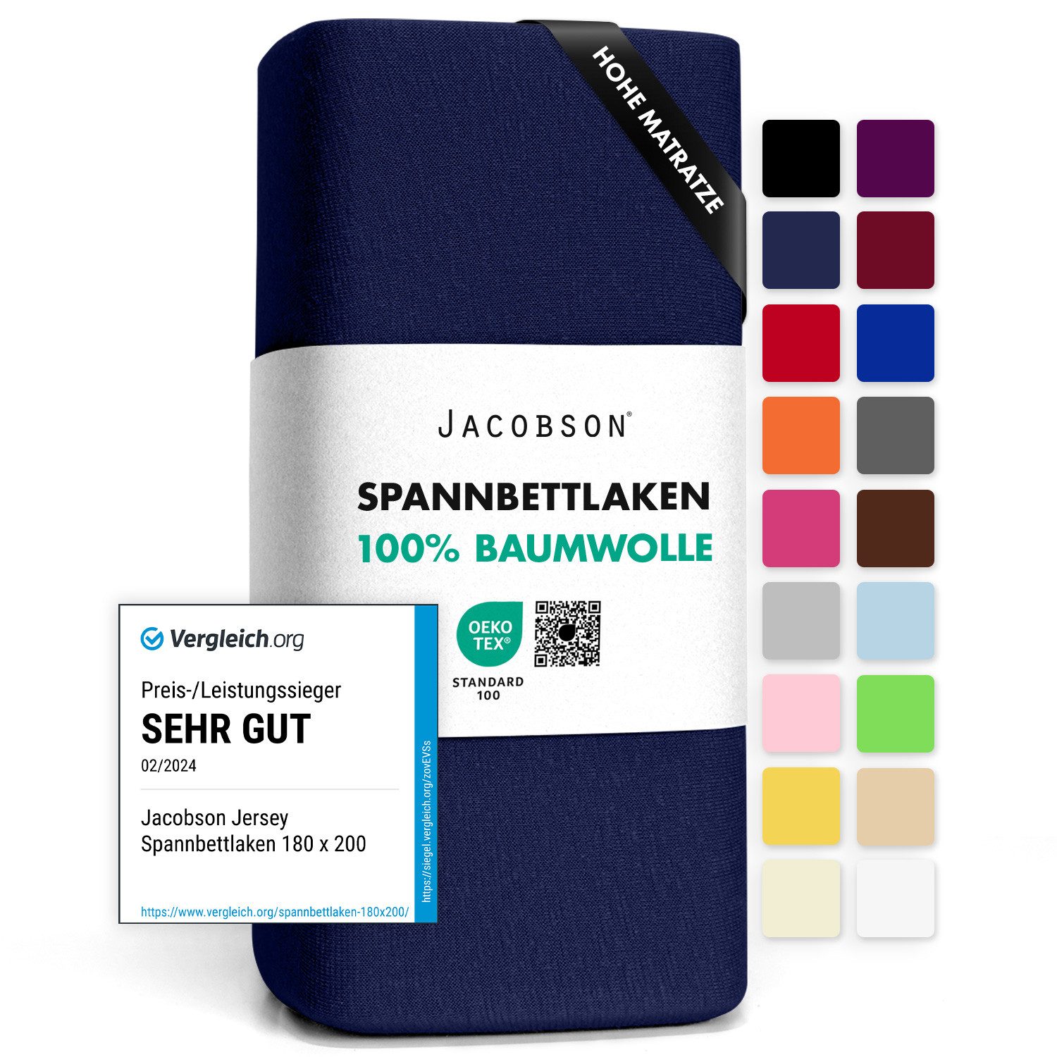Jacobson Spannbettlaken BOXSPRING & ÜBERLÄNGE aus 100% Baumwolle, für hohe & lange Matratzen, Jersey Bettlaken 160 g/m²