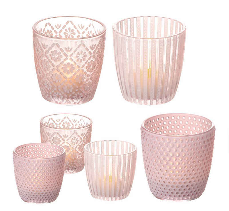 BigDean Windlicht 6x Teelicht-Gläser Glas 3 Motive, 2 Größen Rosa 7,5 & 9 cm hoch (6 St)