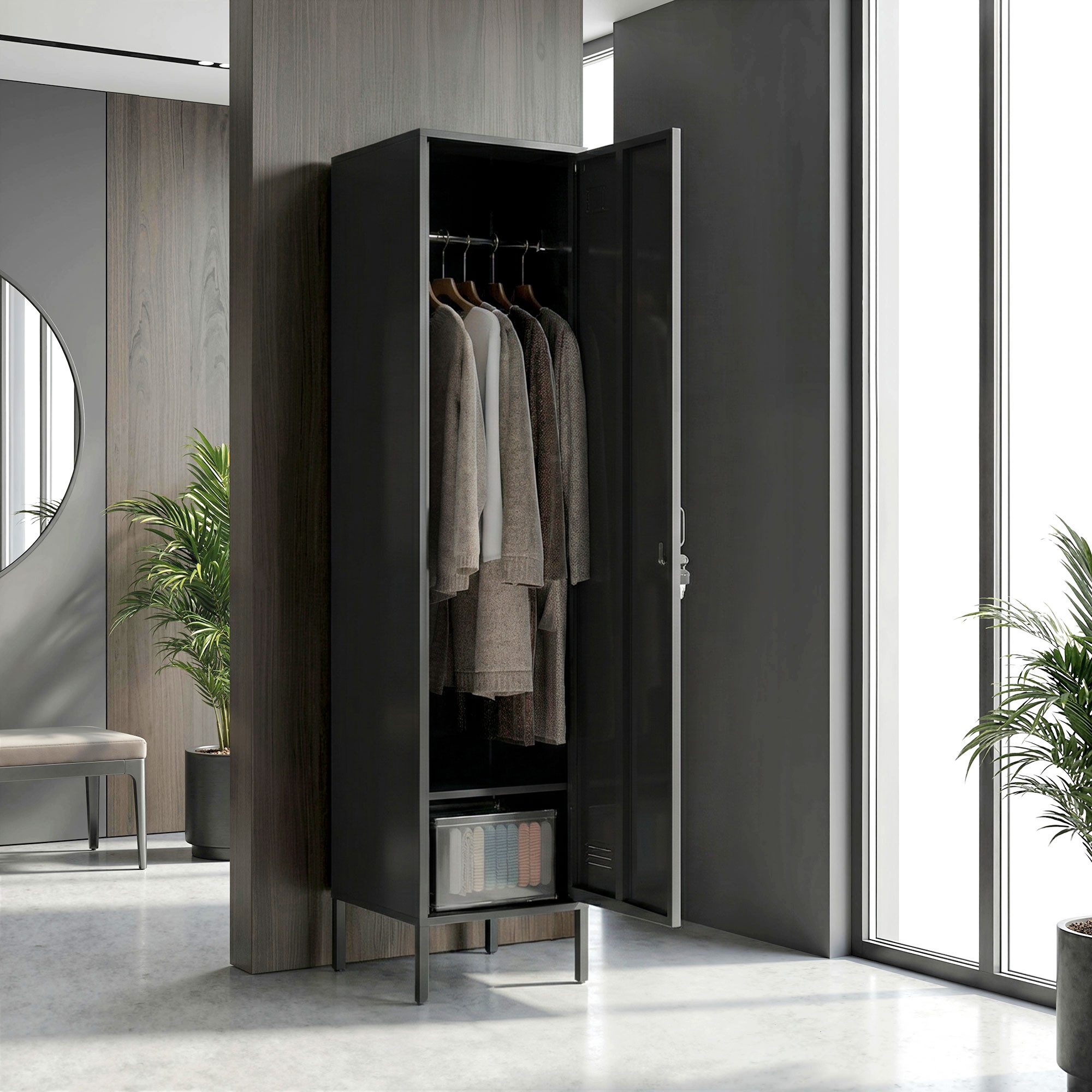 HOMCOM Spind mit Kleiderstange, Namensschildhalter, Lüftungsschlitze und Ablage (Aufbewahrungsschrank, 1-St., Abschließbar Schließfachschrank) Aufbewahrungsschrank 40x40x179cm Schwarz