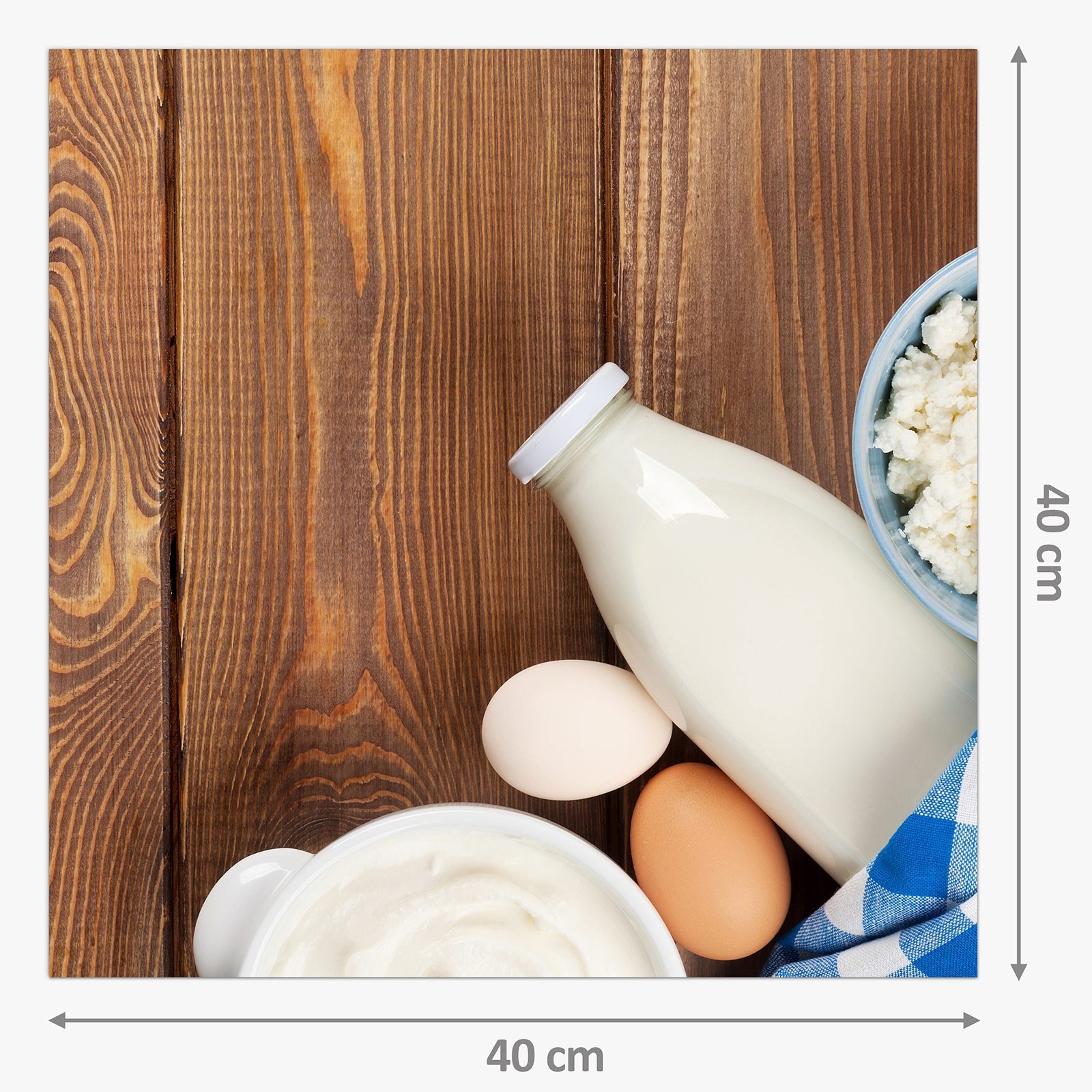 Küchenrückwand Milchprodukte Primedeco Holztisch auf Glas Spritzschutz