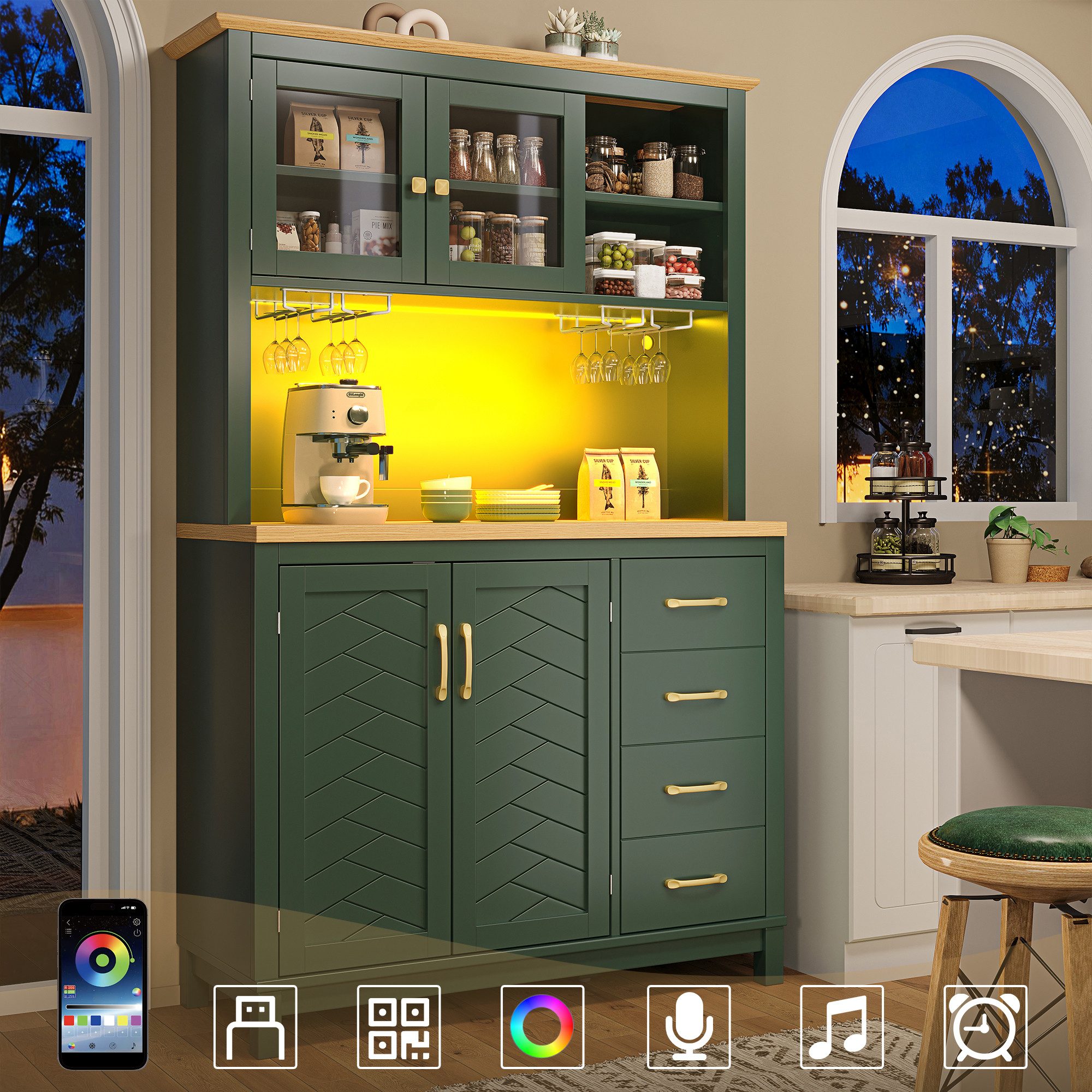 Flieks Küchenbuffet mit Arbeitsplatte in Holzoptik, LED-Beleuchtung, Glastür und Schublade (1-St., B105,5/T40/H180 cm) Hochschrank Küchenschrank Mehrzweckschrank Geschirrschrank Grün