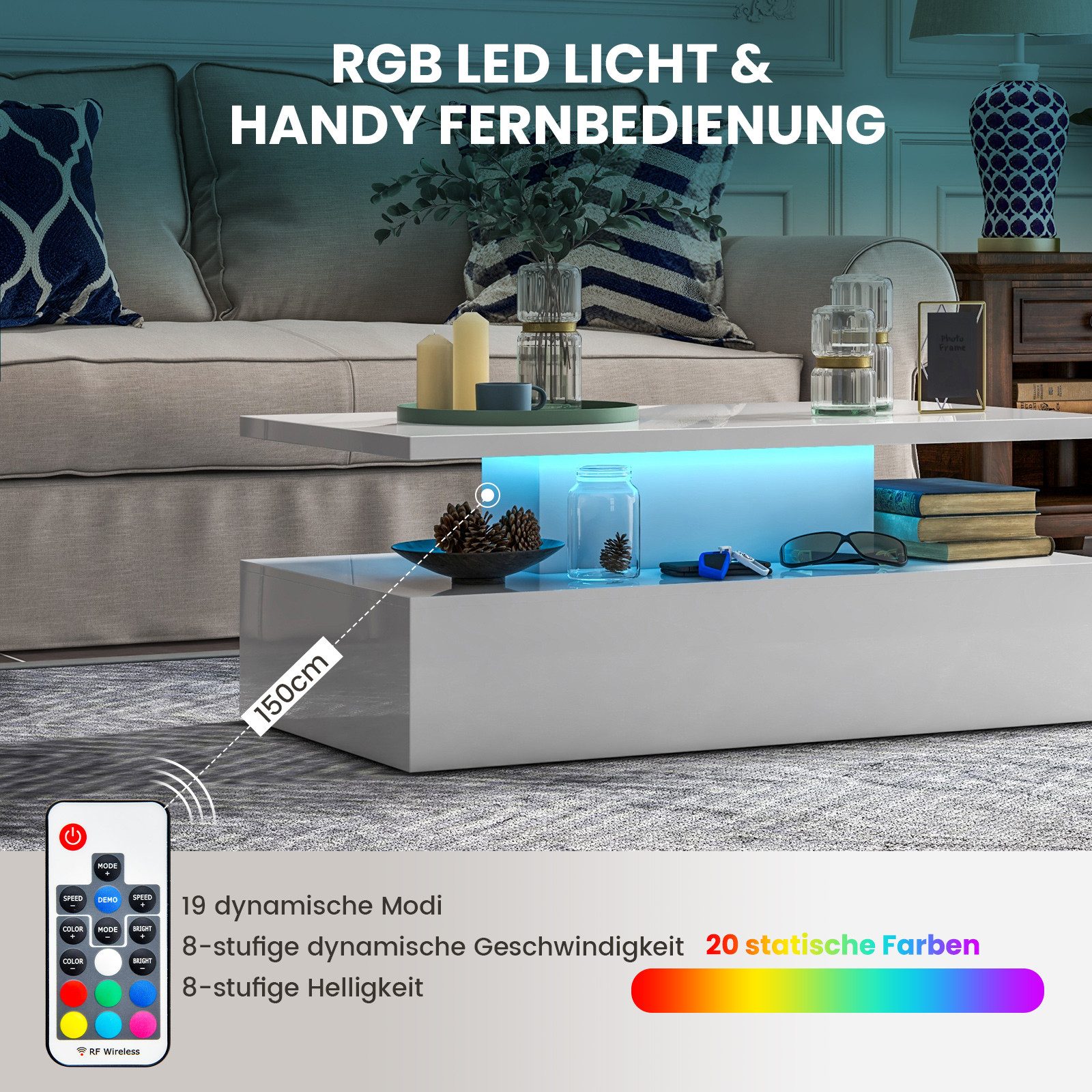 COSTWAY Couchtisch, mit LED 20 Farben, Sofatisch mit Stauraum hochglanz, 110x60x40cm