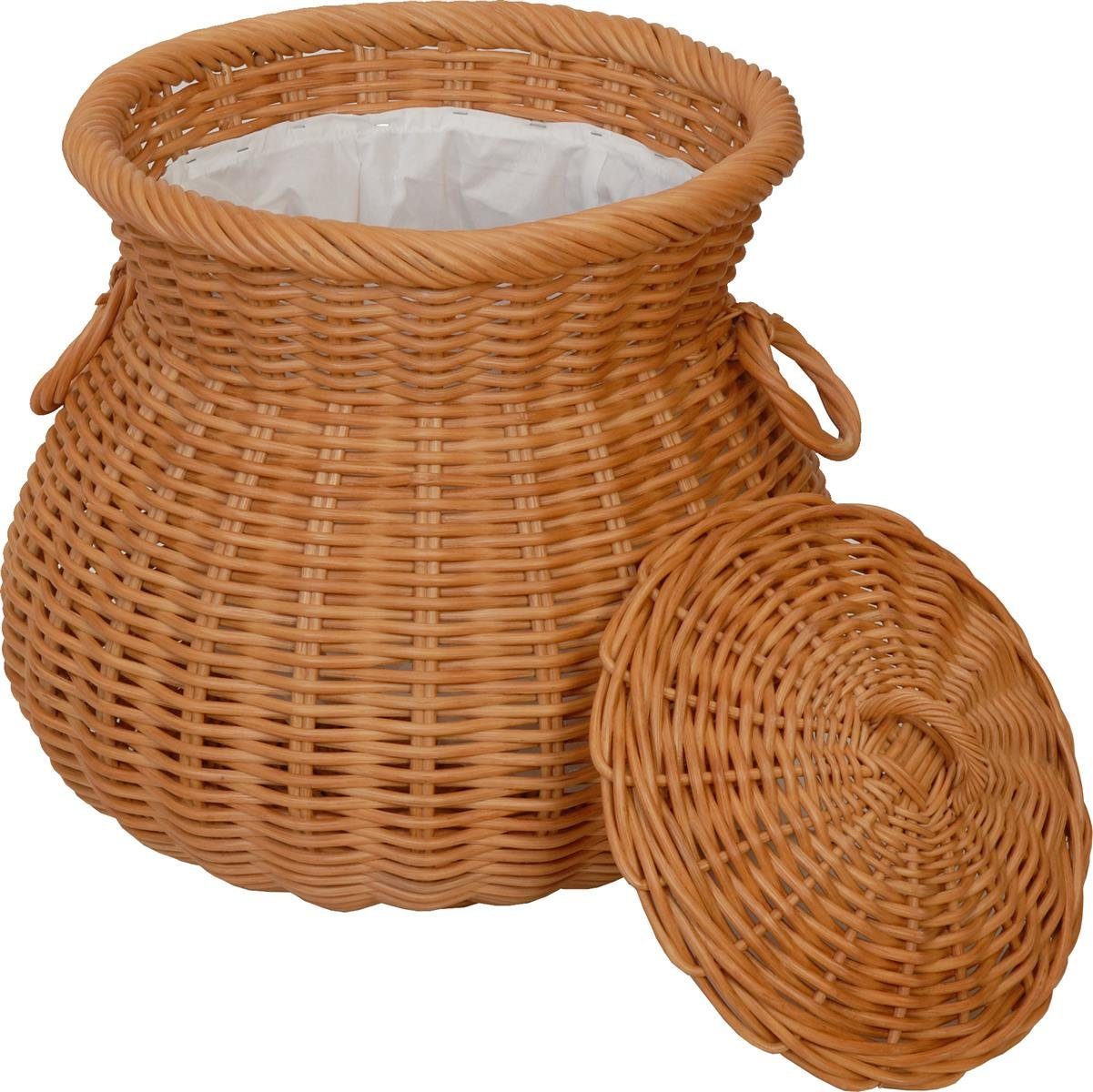Krines Home Flechtkorb Klassische Wäschetonne mit Griffen/Wäschekorb Rund aus echtem Rattan, Runde Wäschebox
