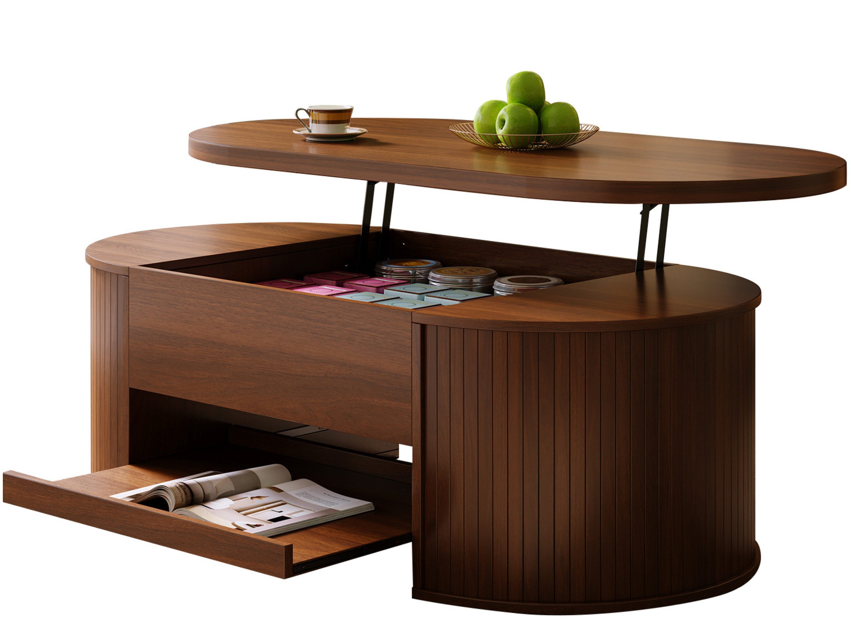 SeedWave Couchtisch Ovaler Sofatisch mit Anhebbarer Tischplatte, Ausziehbarem Tablett, Stubentisch mit verstecktem Stauraum unter der Tischplatte