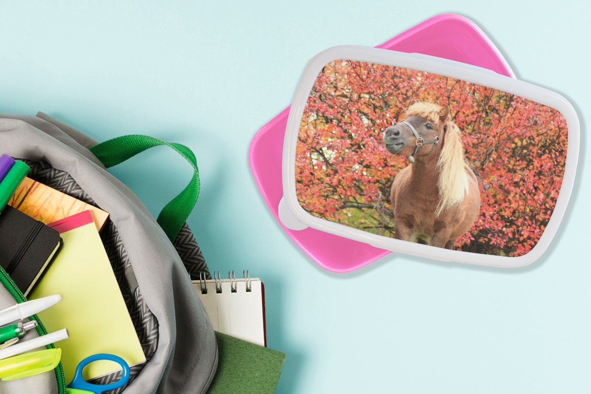 MuchoWow Lunchbox Pferd Erwachsene, - Brotdose Pony (2-tlg), Brotbox Herbstblätter, Snackbox, Kinder, Kunststoff, - für Kunststoff Mädchen, rosa