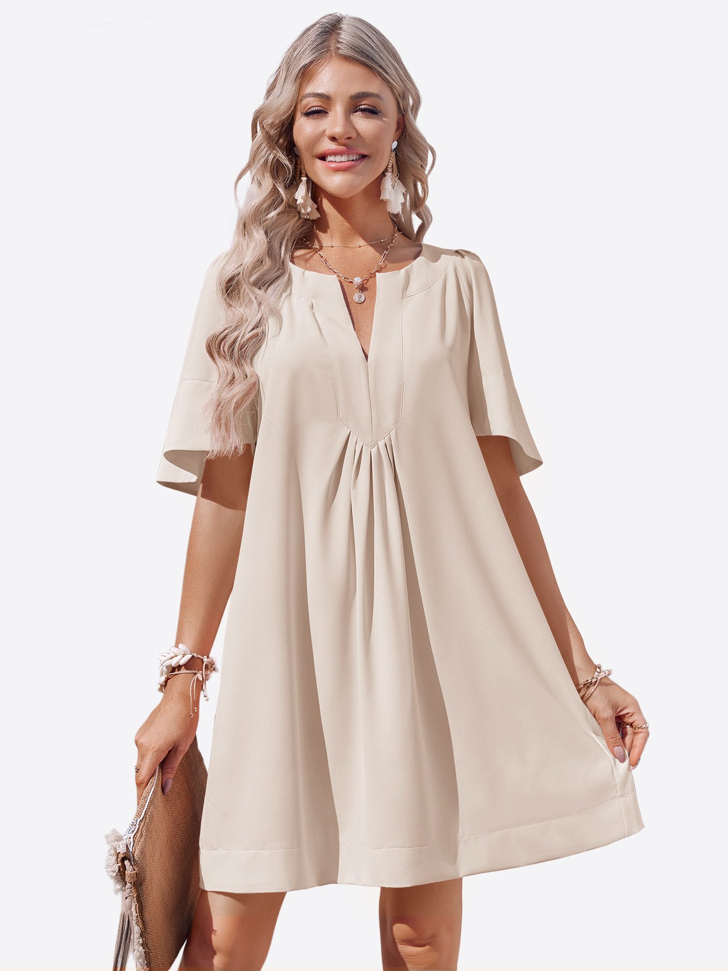 Imily Bela Minikleid Damen Lockeres Kleid mit V-Ausschnitt & Trompetenärmeln (Packung, 1-tlg., 1per-Pack) Mit Seitentaschen