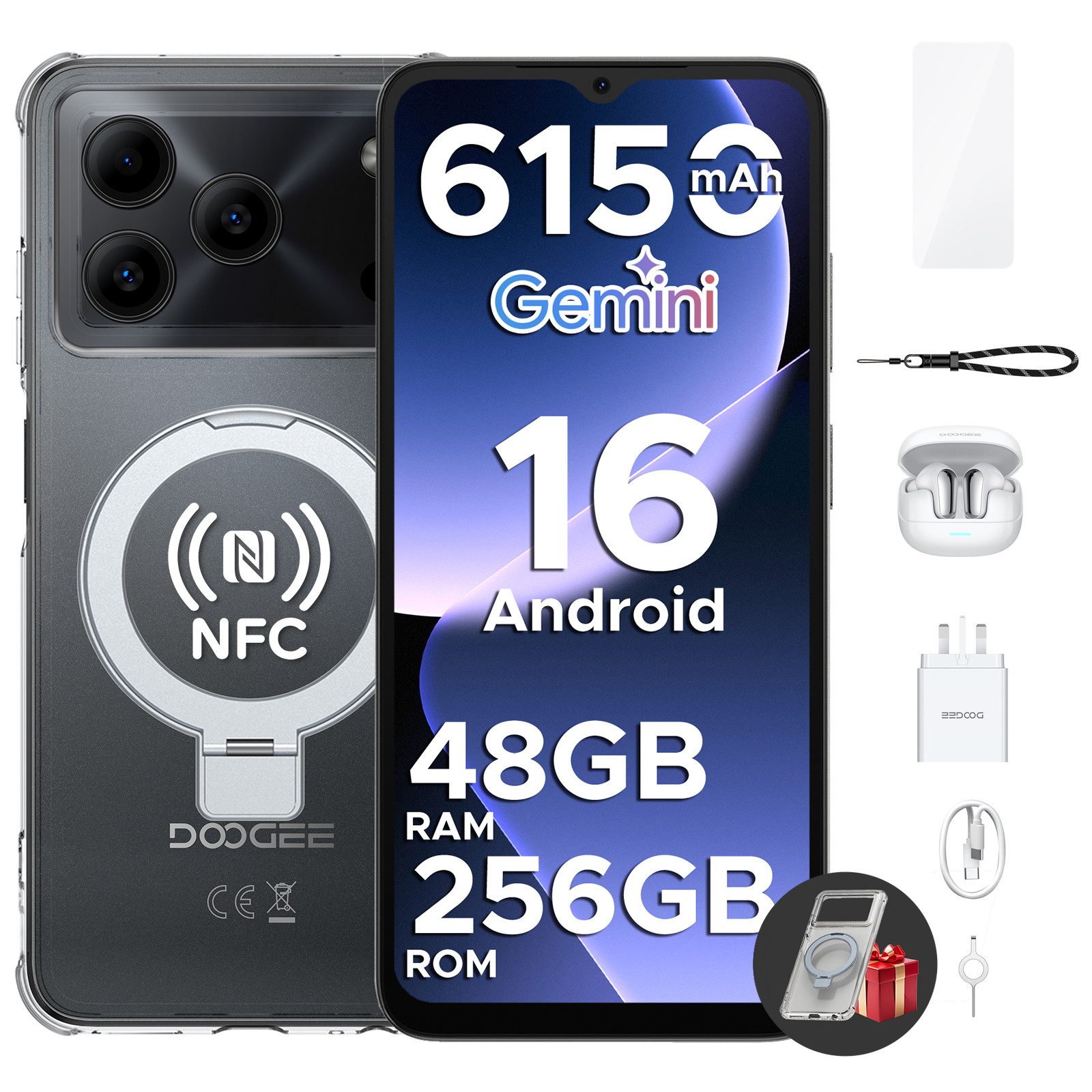 DOOGEE NOTE 56 PLUS Android 16, inkl. Kopfhörer, 6 +256GB 6.56" HD+ Smartphone (16,6 cm/6,56 Zoll, 256 GB Speicherplatz, 50 MP Kamera, 50MP AI Kamera, 6150mAh Akku, 90Hz Display, NFC & Fingerabdruck)