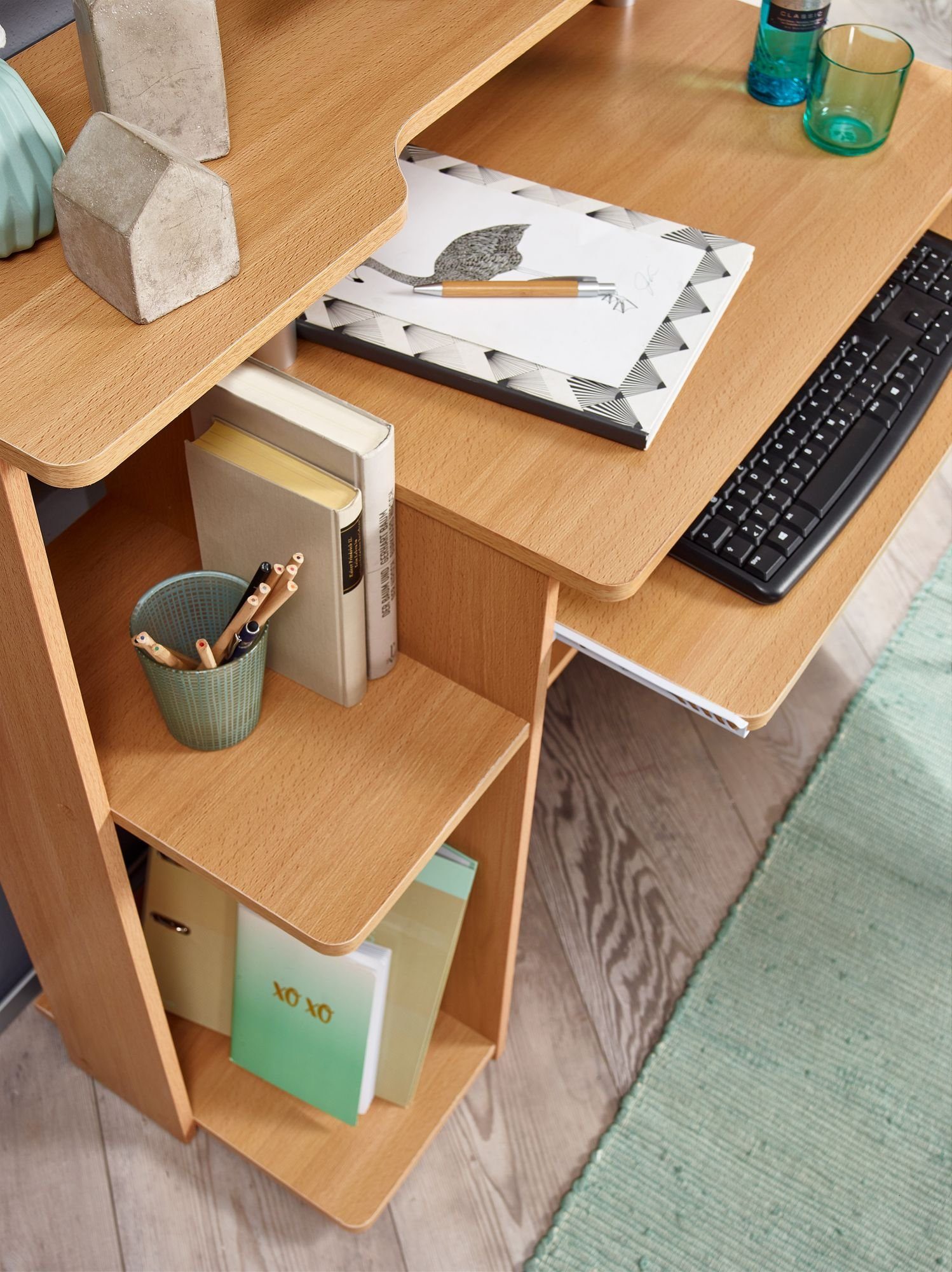 Tastaturauszug Stauraum Bürotisch Wohnling mit Schreibtisch (Buche Office, Modern), cm mit 94x90,5x48,5 PC-Tisch Home WL1.163