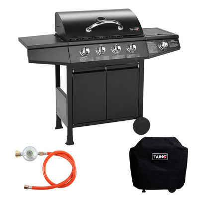 TAINO Gasgrill BASIC 4+1, Gasgrill mit Gasdruckminderer, Gasschlauch und Abdeckhaube, Piezozündung, 4 Brenner aus Edelstahl, Seitenkocher